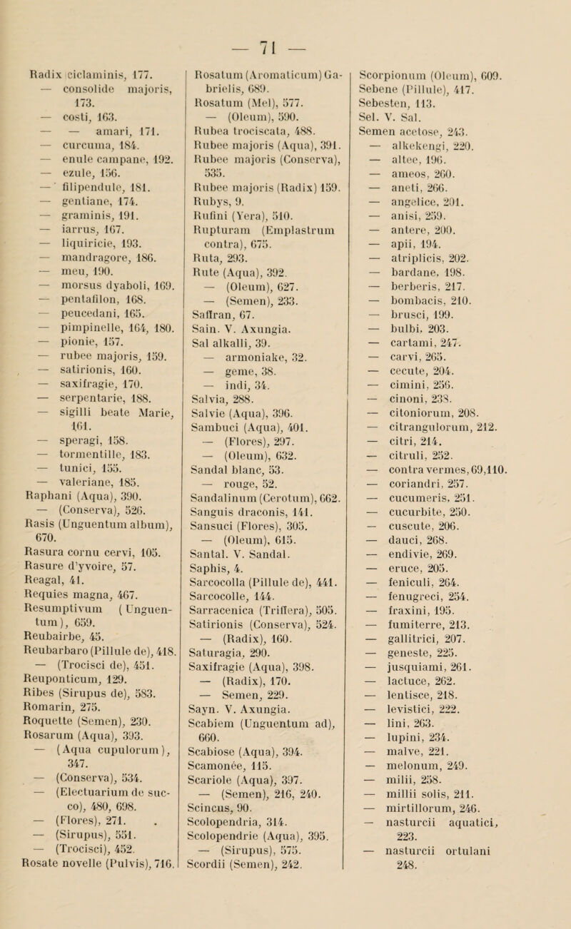Radix ciclaininis, 177. — consolide majoris, 173. — costi, 103. — — ainari, 171. — curcuiua, 184. — enule canipane, 192. — ezule, 156. — filipendule, 181. — gentiane, 174. — graniinis, 191. — iarrus, 167. — liquiricie, 193. — mandragore, 180. -- meii, 190. — morsus dyaboli, 169. — pentaülon, 168. — peucedani, 165. — piinpinelle, 104, 180. — pionie, 157. — rubee majoris, 159. — satirionis, 160. — saxifragie, 170. — serpentarie, 188. — sigilli beate Marie, 161. — speragi, 158. — tormentille, 183. — tunici, 155. — valériane, 185. Raphani (Aqua), 390. — (Conserva), 520. Rasis (Unguentum album), 670. Rasura cornu cervi, 105. Rasure d’yvoire, 57. Reagal, 41. Requies magna, 467. Resumptivum ( Unguen¬ tum), 059. Reubairbe, 45. Reubarbaro (Pillule de), 418. — (Trocisci de), 451. Reuponticum, 129. Ribes (Sirupus de), 583. Romarin, 275. Roquette (Semen), 230. Rosarum (Aqua), 393. — (Aqua cupulorum), 347. — (Conserva), 534. — (Electuarium de suc- co), 480, 098. — (Flores), 271. — (Sirupus), 551. — (Trocisci), 452. Rosate novelle (Rulvis), 716. [ Rosaturn (Aromaticum) Ga¬ briel is, 689. Rosaturn (Mel), 577. — (Oleum), 590. Rubea trociscala, 488. Rubee majoris (Aqua), 391. Rubee majoris (Conserva), 535. Rubee majoris (Radix) 159. Rubys, 9. Rufini (Vera), 510. Rupturam (Emplastrum contra), 075. Ruta, 293. Rute (Aqua), 392. — (Oleum), 027. — (Semen), 233. Satïran, 67. Sain. V. Axungia. Sal alkalli, 39. — armoniake, 32. — geme, 38. — indi, 34. Sal via, 288. Sal vie (Aqua), 396. Sajiibuci (Aqua), 401. — (Flores), 297. — (Oleum), 632. Sandal blanc, 53. — rouge, 52. Sandalinum (Cerotum), 662. Sanguis draconis, 141. Sansuci (Flores), 305. — (Oleum), 615. Santal. V. Sandal. Saphis, 4. Sarcocolla (Pillule de), 441. Sarcocolle, 144. Sarracenica (Triliera), 505. Satirionis (Conserva), 524. — (Radix), 100. Saturagia, 290. Saxifragie (Aqua), 398. — (Radix), 170. — Semen, 229. Sayn. V. Axungia. Scabiem (Unguentum ad), 660. Scabiose (Aqua), 394. Scamonée, 115. Scariole (Aqua), 397. — (Semen), 216, 240. Scincus, 90. Scolopendria, 314. Scolopendrie (Aqua), 395. — (Sirupus), 575. Scordii (Semen), 242. Scorpionum (Oleum), 609. Sebene (Pillule), 417. Sebesten, 113. Sel. V. Sal. Semen acetose, 243. — alkekengi, 220. — altee, 196. — ameos, 260. — aneti, 266. — angelice, 201. — anisi, 259. — antere, 200. — apii, 194. — atriplicis, 202. — bardane, 198. — berberis, 217. — bombacis, 210. — brusci, 199. — bulbi, 203. — cartami, 247. — carvi, 265. — cecute, 204. — cimini, 256. — cinoni, 238. — citoniorum, 208. — citrangulorum, 212. — citri, 214. — citruli, 252. — contra vermes, 69,110. — coriandri, 257. — cucumeris, 251. — cucurbite, 250. — cuscute, 206. — dauci, 268. — endivie, 269. — eruce, 205. — feniculi, 264. — fenugreci, 254. — fraxini, 195. — fumi terre, 213. — gallitrici, 207. — geneste, 225. — jusquiami, 261. — lactuce, 262. — lentisce, 218. — levistici, 222. — lini, 263. — lupini, 234. — malve, 221. — melonum, 249. — milii, 258. — millii solis, 211. — mirtillorum, 246. — nasturcii aquatici, 223. — nasturcii ortulani 248.