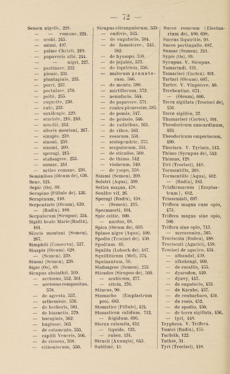 Seiuen nigelle, 228- — — romane, 224. — orobi, 245. — ozimi, 197. — palme Christi, 219. — papaveris albi, 244. — — nigri, 227. — pastinace, 232. — pionie, 231. — plantaginis, 235. — porri, 237. — portulace, 270. — psilii, 255. — roquette, 230. — rute, 233. — saxifragie, 229. — scariole, 216, 240. — scordii, 242. — sileris montani, 267. — sinapis, 239. — sinon!, 238. — sizami, 209. — speragi, 215. — stafisagree, 253. — sumac, 241. — urtice romane, 236. Seminibus (Oleum de), 636. Sene, 124. Sepie (Os), 89. Serapino (Pillule de), 436. Serapinum, 140. Serpentarie (Oleum), 639. — (Radix), 188. Serpulorum (Sirupus), 554. Sigilli beate Marie (Radix), 161. Sileris montani (Semen), 267. Simphiti (Conserva), 537. Sinapis (Oleum), 628. — (Semen), 239. Sinoni (Semen), 238. Sipie (Os), 89. Sirupus absinthii, 569. — acetosus, 552, 561. — acetosus compositus, 578. — de agresta, 557. — arthemisie, 576. — de berberis, 581. — de bizanciis, 579. — boraginis, 562. — buglosse, 563. — de calamento, 555. — capilli Veneris, 566. — de cicorea, 568. — cithoniorura, 550. Sirupus citrangulorum, 559. — endivie, 565. — de eupatorio, 584. — de fumoterre.. 545, 582. — de byssopo, 558. — de jujubis, 573. — de liquiricia, 556. — malorum granato- rum, 586. — de menta, 580. — mirtillorum, 572. — nenufaris, 544. — de papavere, 571. — contra pleuresim, 585. — de pomis, 547. — de pra'ssio, 546. — de radicibus, 564. — de ribes, 583. — rosarum, 551. — scolopendrie, 575. — serpulorum, 554. — de sticados, 560. — de thimo, 542. — violarum, 549. — de ysopo, 558. Sizami (Semen), 209. Solatri (Aqua), 399. Sotira magna, 478. Soulfre viî, 26. Speragi (Radix), 158. — (Semen), 215. Spermaceti, 104. Spic celtic, 100. — nard us, 68. Spica (Oleum de), 605. Spinee nigre (Aqua), 400. Spodio (Trocisci de), 450. Spodium, 66. Squilla (Lohoch de), 487. Squilliticum (Mel), 574. Squinantum, 56. Stafisagree (Semen), 253. Sticados (Sirupus de), 560. — arabicum, 277. — ci tri n, 276. Stincus, 90. Stomacho (Emplastrum pro), 683. Stomatice (Pillule), 424. Stomaticon calidum, 712. — frigidum, 696. Storax calamita, 132. — liquida, 133. — rubea, 134. Strucii (Axungia), 643. Sublimé, 41. Succo rosarum ( Electua- rium de), 480, 698. Succus liquiritie, 98. Sucre portingalle, 687. Sumac (Semen), 241. Sypie (Os), 89. Syrupus. V. Sirupus. Tamarindi, 131. Tamarisci (Cortex), 101. Tartari (Oleum), 607. Tartre. V. Vinpierre, 40. Terebentine, 671. — (Oleum), 606. Terra sigillala (Trocisci de), 456. Terre sigillée, 27. Thamarisci (Cortex), 101. Theodoricum anacardinum, 493. Theodoricum emperiscum, 490. Theriaca. V. Tyriaca, 513. Thimo (Syrupus de), 542. Thimus, 128. Tiri (Trocisci), 448. Tormentilla, 308. Tormentille (Aqua), 402. — (Radix), 183. Triafarmacum (Emplas¬ trum), 682. Triasandali, 697. Triffera magna cum opio, 473. Triffera magna sine opio, 506. Triffera sine opio, 713. — sarracenica, 505. Trociscata (Rubea), 488. Trociscati (Agarici), 458. Trocisci de agarico, 454. — alliandal, 459. — alkekengi, 460. — de corallis, 455. — dyarodon, 449. — dyavy, 447. — de eupatorio, 453. — de Karabe, 457. — de reubarbaro, 451. — de rosis, 452. — de spodio, 450. — de terra sigillata, 456. — tyri, 448. Tryphera. V. Triffera. Tunici (Radix), 155. Turbitb, 122. Tutliie, 31. Tyri (Trocisci), 448.