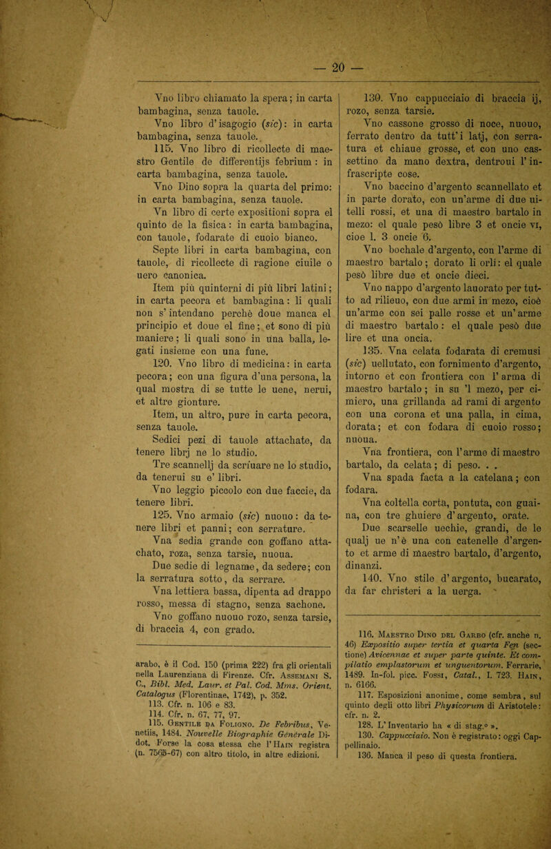 f * Vno libro chiamato la spera; in carta bambagina, senza tauole. Vno libro d’isagogio (sic): in carta bambagina, senza tauole. 115. Vno libro di ricollecte di mae¬ stro Gentile de differentijs febrium : in carta bambagina, senza tauole. Vno Dino sopra la quarta del primo: in carta bambagina, senza tauole. Vn libro di certe expositioni sopra el quinto de la fisica : in carta bambagina, con tauole, fodarate di cuoio bianco. Septe libri in carta bambagina, con tauole, di ricollecte di ragione ciuile o uero canonica. Item più quinterni di più libri latini ; in carta pecora et bambagina : li quali non s’intendano perchè doue manca el principio et doue el fine; et sono di più maniere ; li quali sono in una balla, le¬ gati insieme con una fune. 120. Vno libro di medicina: in carta pecora; con una figura d’unapersona, la qual mostra di se tutte le uene, nerui, et altre gionture. Item, un altro, pure in carta pecora, senza tauole. Sedici pezi di tauole attachate, da tenere librj ne lo studio. Tre scannellj da scriuare ne lo studio, da tenerui su e’ libri. Vno leggio piccolo con due faccie, da tenere libri. 125. Vno armaio (sic) nuouo : da te¬ nere libri et panni; con serrature. Vna sedia grande con goffano atta- chato, roza, senza tarsie, nuoua. Due sedie di legname, da sedere; con la serratura sotto, da serrare. Vna lettiera bassa, dipenta ad drappo rosso, messa di stagno, senza sachone. Vno goffano nuouo rozo, senza tarsie, di braccia 4, con grado. arabo, è il Cod. 150 (prima 222) fra gli orientali nella Laurenziana di Firenze. Cfr. Assemani S. C., Bibl. Med. Laur. et Pai. Cod. M?ns. Orient. Catalogus (Florentinae, 1742), p. 352. 113. Cfr. n. 106 e 83. 114. Cfr. n. 67, 77, 97. 115. Gentile da Foligno. De Febribus, Ve- netiis, 1484. Nouvelle Biographie Generale Di¬ dot. Forse la cosa stessa che 1’ Hain registra (n. 7565-67) con altro titolo, in altre edizioni. 130. Vno cappucciaio di braccia ij, rozo, senza tarsie. Vno cassone grosso di noce, nuouo, ferrato dentro da tutt’i latj, con serra¬ tura et chiaue grosse, et con uno cas- settino da mano dextra, dentroui l’in- frascripte cose. Vno baccino d’argento scannellato et in parte dorato, con un’arme di due ui- telli rossi, et una di maestro bartalo in mezo: el quale pesò libre 3 et oncie vi, cioè 1. 3 oncie 6. Vno bochale d’argento, con l’arme di maestro bartalo ; dorato li orli : el quale pesò libre due et oncie dieci. Vno nappo d’argento lauorato per tut¬ to ad rilieuo, con due armi in mezo, cioè un’arme con sei palle rosse et un’arme di maestro bartalo : el quale pesò due lire et una oncia. 135. Vna celata fodarata di cremusi (sfc) uellutato, con fornimento d’argento, intorno et con frontiera con 1’ arma di maestro bartalo ; in su ’l mezo, per ci¬ miero, una grillanda ad rami di argento con una corona et una palla, in cima, dorata; et con fodara di cuoio rosso; nuoua. Vna frontiera, con l’arme di maestro bartalo, da celata ; di peso. . . Vna spada facta a la catelana ; con fodara. Vna coltella corta, pontuta, con guai¬ na, con tre ghuiere d’argento,, orate. Due scarselle uechie, grandi, de le qualj ue n’è una con catenelle d’argen¬ to et arme di maestro bartalo, d’argento, dinanzi. 140. Vno stile d’argento, bucarato, da far christeri a la uerga. ' 116. Maestro Dino del Garbo (cfr. anche n. 46) Expositio super tertia et quarta Fen (sec- tione) Avicennae et super parte quinte. Et com- pilatio emplastorum et unguentorum. Ferrarie, 1489. In-fol. picc. Fossi, Catal., I. 723. Hain, n. 6166. 117. Esposizioni anonime, come sembra, sul quinto degli otto libri Physicorum di Aristotele : cfr. n. 2. 128. L’Inventario ha « di stag.° ». 130. Cappucciaio. Non è registrato: oggi Cap¬ pellinaio. 136. Manca il peso di questa frontiera.