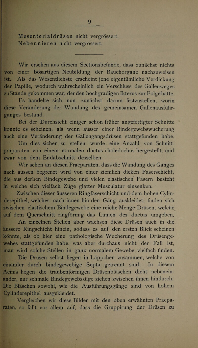 Mesenterialdrüsen nicht vergrössert. Nebennieren nicht vergrössert. Wir ersehen aus diesem Sectionsbefunde, dass zunächst nichts von einer bösartigen Neubildung der Bauchorgane nachzuweisen ist. Als das Wesentlichste erscheint jene eigentümliche Verdickung der Papille, wodurch wahrscheinlich ein Verschluss des Gallenweges zuStande gekommen war, der den hochgradigen Ikterus zur Folge hatte. Es handelte sich nun zunächst darum festzustellen, worin diese Veränderung der Wandung des gemeinsamen Gallenausführ¬ ganges bestand. Bei der Durchsicht einiger schon früher angefertigter Schnitte konnte es scheinen, als wrenn ausser einer Bindegewebswucherung auch eine Veränderung der Gallengangsdrüsen stattgefunden habe. Um dies sicher zu stellen wurde eine Anzahl von Schnitt¬ präparaten von einem normalen ductus choledochus hergestellt, und zwar von dem Endabschnitt desselben. Wir sehen an diesen Praeparaten, dass die Wandung des Ganges nach aussen begrenzt wird von einer ziemlich dicken Faserschicht, die aus derben Bindegewebe und vielen elastischen Fasern besteht in welche sich vielfach Züge glatter Musculatur einsenken. Zwischen dieser äusseren Ringfaserschicht und dem hohen Cylin- derepithel, welches nach innen hin den Gang auskleidet, finden sich zwischen elastischem Bindegewebe eine reiche Menge Drüsen, welche auf dem Querschnitt ringförmig das Lumen des ductus umgeben. An einzelnen Stellen aber wachsen diese Drüsen auch in die äussere Ringschicht hinein, sodass es auf den ersten Blick scheinen könnte, als ob hier eine pathologische Wucherung des Drüsenge¬ webes stattgefunden habe, was aber durchaus nicht der Fall ist, man wird solche Stellen in ganz normalem Gewebe vielfach finden. Die Drüsen selbst liegen in Läppchen zusammen, welche von einander durch bindegewebige Septa getrennt sind. In diesem Acinis liegen die traubenförmigen Drüsenbläschen dicht nebenein¬ ander, nur schmale Bindegewebszüge ziehen zwischen ihnen hindurch. Die Bläschen sowohl, wie die Ausführungsgänge sind von hohem Cylinderepithel ausgekleidet. Vergleichen wir diese Bilder mit den oben erwähnten Praepa¬ raten, so fällt vor allem auf, dass die Gruppirung der Drüsen zu