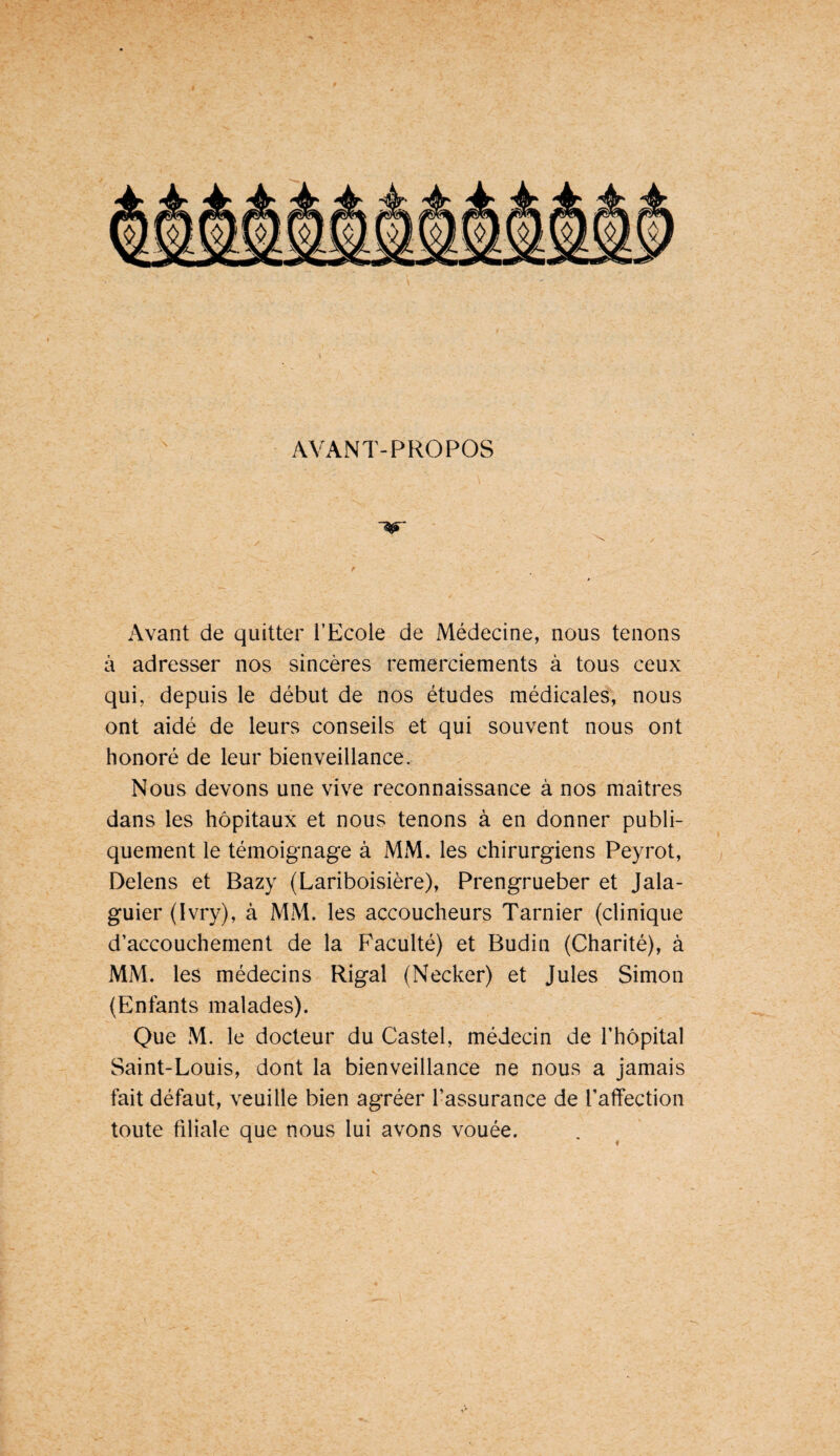 AVANT-PROPOS Avant de quitter l’Ecole de Médecine, nous tenons à adresser nos sincères remerciements à tous ceux qui, depuis le début de nos études médicales, nous ont aidé de leurs conseils et qui souvent nous ont honoré de leur bienveillance. Nous devons une vive reconnaissance à nos maîtres dans les hôpitaux et nous tenons à en donner publi¬ quement le témoignage à MM. les chirurgiens Peyrot, Delens et Bazy (Lariboisière), Prengrueber et Jala- guier(Ivry), à MM. les accoucheurs Tarnier (clinique d’accouchement de la Faculté) et Budin (Charité), à MM. les médecins Rigal (Necker) et Jules Simon (Enfants malades). Que M. le docteur du Castel, médecin de l’hôpital Saint-Louis, dont la bienveillance ne nous a jamais fait défaut, veuille bien agréer l’assurance de l’affection toute filiale que nous lui avons vouée.