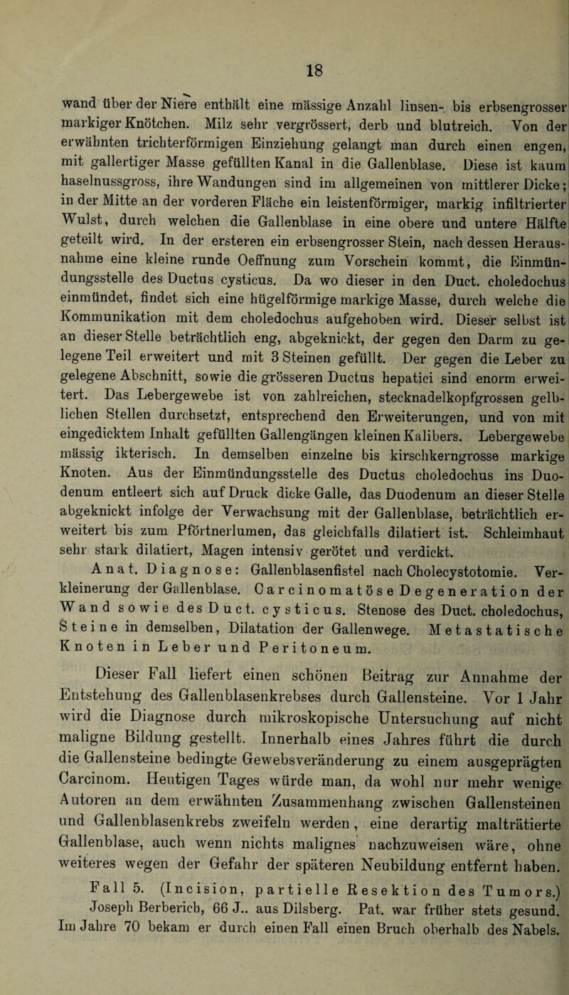 wand über der Niere enthält eine massige Anzahl linsen- bis erbsengrosser’ markiger Knötchen. Milz sehr vergrössert, derb und blutreich. Von der! erwähnten trichterförmigen Einziehung gelangt man durch einen engen, mit gallertiger Masse gefüllten Kanal in die Gallenblase. Diese ist kaum! haselnussgross, ihre Wandungen sind im allgemeinen von mittlerer Dicke in der Mitte an der vorderen Fläche ein leistenförmiger, markig infiltrierter' Wulst, durch welchen die Gallenblase in eine obere und untere Hälftei geteilt wird. In der ersteren ein erbsengrosser Stein, nach dessen Heraus-1 nähme eine kleine runde Oelfnung zum Vorschein kommt, die Einmün¬ dungsstelle des Ductus cysticus. Da wo dieser in den Duct. choledochusi einmündet, findet sich eine hügelförmige markige Masse, durch welche diei Kommunikation mit dem choledochus aufgehoben wird. Dieser selbst ist' an dieser Stelle beträchtlich eng, abgeknickt, der gegen den Darm zu ge¬ legene Teil erweitert und mit 3 Steinen gefüllt. Der gegen die Leber zu gelegene Abschnitt, sowie die grösseren Ductus hepatici sind enorm erwei¬ tert. Das Lebergewebe ist von zahlreichen, stecknadelkopfgrossen gelb¬ lichen Stellen durchsetzt, entsprechend den Erweiterungen, und von mit eingedicktem Inhalt gefüllten Gallengängen kleinen Kalibers. Lebergewebe ! mässig ikterisch. In demselben einzelne bis kirschkerngrosse markige Knoten. Aus der Einmündungsstelle des Ductus choledochus ins Duo¬ denum entleert sich auf Druck dicke Galle, das Duodenum an dieser Stelle abgeknickt infolge der Verwachsung mit der Gallenblase, beträchtlich er¬ weitert bis zum Pförtnerlumen, das gleichfalls diktiert ist. Schleimhaut sehr stark diktiert, Magen intensiv gerötet und verdickt. Anat. Diagnose: Gallenbksenfistel nach Gholecystotomie. Ver¬ kleinerung der Gallenblase. CarcinomatÖseDegeneration der Wand sowie desDuct. cysticus. Stenose des Duct. choledochus, Steine in demselben, Dilatation der Gallenwege. Metastatische Knoten in Leber und Peritoneum. Dieser Fall liefert einen schönen Beitrag zur Annahme der Entstehung des Gallenblasenkrebses durch Gallensteine. Vor 1 Jahr wird die Diagnose durch mikroskopische Untersuchung auf nicht maligne Bildung gestellt. Innerhalb eines Jahres führt die durch die Gallensteine bedingte Gewebsveränderung zu einem ausgeprägten Carcinom. Heutigen Tages würde man, da wohl nur mehr wenige Autoren an dem erwähnten Zusammenhang zwischen Gallensteinen und Gallenblasenkrebs zweifeln werden, eine derartig malträtierte Gallenblase, auch wenn nichts malignes nachzuweisen wäre, ohne weiteres wegen der Gefahr der späteren Neubildung entfernt haben. Fall 5. (Incision, partielle Resektion des Tumors.) Joseph Berbericb, 66 J.. aus Dilsberg. Pat. war früher stets gesund. Im Jahre 70 bekam er durch einen Fall einen Bruch oberhalb des Nabels.