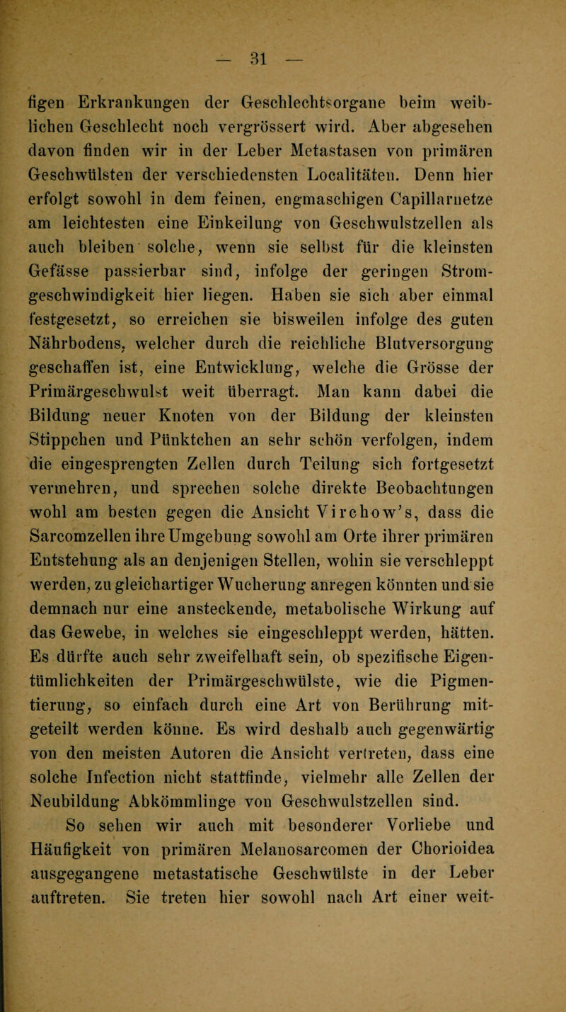 Bl figen Erkrankungen der Geschlechtsorgane beim weib¬ lichen Geschlecht noch vergrössert wird. Aber abgesehen davon finden wir in der Leber Metastasen von primären Geschwülsten der verschiedensten Localitäten. Denn hier erfolgt sowohl in dem feinen^ engmaschigen Capillarnetze am leichtesten eine Einkeilung von Geschwulstzellen als auch bleiben solche ^ wenn sie selbst für die kleinsten Gefässe passierbar sind^ infolge der geringen Strom¬ geschwindigkeit hier liegen. Haben sie sich aber einmal festgesetzt, so erreichen sie bisweilen infolge des guten Nährbodens, welcher durch die reichliche Blutversorgung geschaffen ist, eine Entwicklung, welche die Grösse der PrimärgeschwuLt weit überragt. Man kann dabei die Bildung neuer Knoten von der Bildung der kleinsten Stippchen und Pünktchen an sehr schön verfolgen, indem die eingesprengten Zellen durch Teilung sich fortgesetzt vermehren, und sprechen solche direkte Beobachtungen wohl am besten gegen die Ansicht Virchow’s, dass die Sarcomzellen ihre Umgebung sowohl am Orte ihrer primären Entstehung als an denjenigen Stellen, wohin sie verschleppt werden, zu gleichartiger Wucherung anregen könnten und sie demnach nur eine ansteckende, metabolische Wirkung auf das Gewebe, in welches sie eingeschleppt werden, hätten. Es dürfte auch sehr zweifelhaft sein, ob spezifische Eigen¬ tümlichkeiten der Primärgeschwülste, wie die Pigmen¬ tierung, so einfach durch eine Art von Berührung mit¬ geteilt werden könne. Es wird deshalb auch gegenwärtig von den meisten Autoren die Ansicht vertreten, dass eine solche Infection nicht stattfinde, vielmehr alle Zellen der Neubildung Abkömmlinge von Geschwulstzellen sind. So sehen wir auch mit besonderer Vorliebe und Häufigkeit von primären Melanosarcomen der Chorioidea ausgegangene metastatische Geschwülste in der Leber auftreten. Sie treten hier sowohl nach Art einer weit-