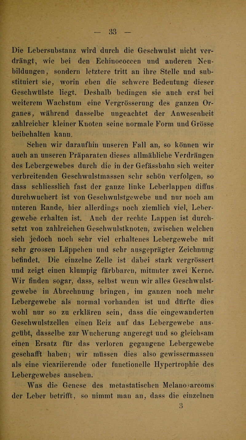 Die Lebersubstanz wird durch die Geschwulst nicht ver¬ drängt, wie bei den Echinococcen und anderen Neu¬ bildungen, sondern letztere tritt an ihre Stelle und sub¬ stituiert sie, worin eben die schwere Bedeutung dieser Geschwülste liegt. Deshalb bedingen sie auch erst bei weiterem Wachstum eine Vergrösserung des ganzen Or¬ ganes, während dasselbe ungeachtet der Anwesenheit zahlreicher kleiner Knoten seine normale Form und Grösse beibehalten kann. Sehen wir daraufhin unseren Fall an, so können wir auch an unseren Präparaten dieses allmähliche Verdrängen des Lebergewebes durch die in der Gefässbahn sich weiter verbreitenden Geschwulstmassen sehr schön verfolgen, so dass schliesslich fast der ganze linke Leberlappen diffus durchwuchert ist von Geschwulstgewebe und nur noch am unteren Eande, hier allerdings noch ziemlich viel, Leber¬ gewebe erhalten ist. Auch der rechte Lappen ist durch¬ setzt von zahlreichen Geschwulstknoten, zwischen welchen / sich jedoch noch sehr viel erhaltenes Lebergewebe mit sehr grossen Läppchen und sehr ausgeprägter Zeichnung befindet. Die einzelne Zelle ist dabei stark vergrössert und zeigt einen klumpig färbbaren, mitunter zwei Kerne. Wir finden sogar, dass, selbst wenn wir alles Geschwulst¬ gewebe in Abrechnung bringen, im ganzen noch mehr Lebergewebe als normal vorhanden ist und dürfte dies wohl nur so zu erklären sein, dass die eingewanderten Geschwulstzellen einen Reiz auf das Lebergewebe aus- geübt, dasselbe zur Wucherung angeregt und so gleichsam einen Ersatz für das verloren gegangene Lebergewebe geschafft haben; wir müssen dies also gewissermassen als eine vicariierende oder functionelle Hypertrophie des Lebergewebes ansehen. Was die Genese des metastatischen Melanosarcoms der Leber betriff't, so nimmt man an, dass die einzelnen