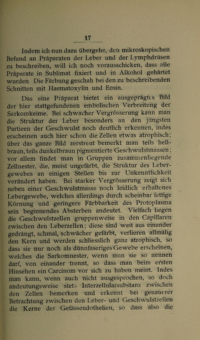 _17 Indem ich nun dazu übergehe, den mikroskopischen Befund an Präparaten der Leber und der Lymphdrüsen zu beschreiben, will ich noch vorausschicken, dass alle Präparate in Sublimat fixiert und in Alkohol gehärtet wurden Die Färbung geschah bei den zu beschreibenden Schnitten mit Haematoxylin und Eosin. Das eine Präparat bietet ein ausgeprägtes Bild der hier stattgefundenen embolischen Verbreitung der Sarkomkeime. Bei schwacher Vergrösserung kann man die Struktur der Leber besonders an den jüngsten Partieen der Geschwulst noch deutlich erkennen, indes erscheinen auch hier schon die Zellen etwas atrophisch; über das ganze Bild zerstreut bemerkt man teils hell¬ braun, teils dunkelbraun pigmentierte Geschwulstmassen; vor allem findet man in Gruppen zusammenliegende Zellnester, die, meist ungefärbt, die Struktur des Leber¬ gewebes an einigen Stellen bis zur Unkenntlichkeit verändert haben. Bei starker Vergrösserung zeigt sich neben einer Geschwulstmasse noch leidlich erhaltenes Lebergewebe, welches allerdings durch scheinbar fettige Körnung und geringere Färbbarkeit des Protoplasma sein beginnendes Absterben andeutet. Vielfach liegen die Geschwulstzellen gruppenweise in den Capillaren zwischen den Leberzellen; diese sind weit aus einander gedrängt, schmal, schwächer gefärbt, verlieren allmälig den Kern und werden schliesslich ganz atrophisch, so dass sie nur noch als dünnfaseriges Gewebe erscheinen, welches die Sarkomnester, wenn man sie so nennen darf, von einander trennt, so dass man beim ersten Hinsehen ein Carcinom vor sich zu haben meint. Indes man kann, wenn auch nicht ausgesprochen, so doch andeutungsweise stets Interzellularsubstanz zwischen den Zellen bemerken und erkennt bei genauerer Betrachtung zwischen den Leber- und Geschwulstzellen die Kerne der Gefässendothelien, so dass also die