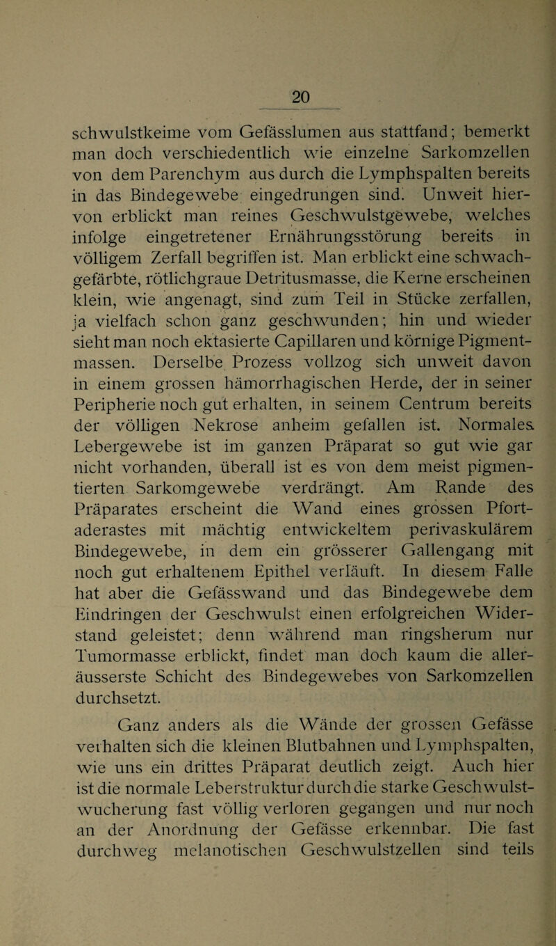 20_ schwulstkeime vom Gefässlumen aus stattfand; bemerkt man doch verschiedentlich wie einzelne Sarkomzellen von dem Parenchym aus durch die Lymphspalten bereits in das Bindegewebe eingedrungen sind. Unweit hier¬ von erblickt man reines Geschwulstgewebe, welches infolge eingetretener Ernährungsstörung bereits in völligem Zerfall begriffen ist. Man erblickt eine schwach¬ gefärbte, rötlichgraue Detritusmasse, die Kerne erscheinen klein, wie angenagt, sind zum Teil in Stücke zerfallen, ja vielfach schon ganz geschwunden; hin und wieder sieht man noch ektasierte Capillaren und körnige Pigment¬ massen. Derselbe Prozess vollzog sich unweit davon in einem grossen hämorrhagischen Herde, der in seiner Peripherie noch gut erhalten, in seinem Centrum bereits der völligen Nekrose anheim gefallen ist. Normales Lebergewebe ist im ganzen Präparat so gut wie gar nicht vorhanden, überall ist es von dem meist pigmen¬ tierten Sarkomgewebe verdrängt. Am Rande des Präparates erscheint die Wand eines grossen Pfort¬ aderastes mit mächtig entwickeltem perivaskulärem Bindegewebe, in dem ein grösserer Gallengang mit noch gut erhaltenem Epithel verläuft. In diesem Falle hat aber die Gefässwand und das Bindegewebe dem Eindringen der Geschwulst einen erfolgreichen Wider¬ stand geleistet; denn während man ringsherum nur Tumormasse erblickt, findet man doch kaum die aller- äusserste Schicht des Bindegewebes von Sarkomzellen durchsetzt. Ganz anders als die Wände der grossen Gefässe verhalten sich die kleinen Blutbahnen und Lymphspalten, wie uns ein drittes Präparat deutlich zeigt. Auch hier ist die normale Leberstruktur durch die starke Geschwulst¬ wucherung fast völlig verloren gegangen und nur noch an der Anordnung der Gefässe erkennbar. Die fast durchweg melanotischen Geschwulstzellen sind teils