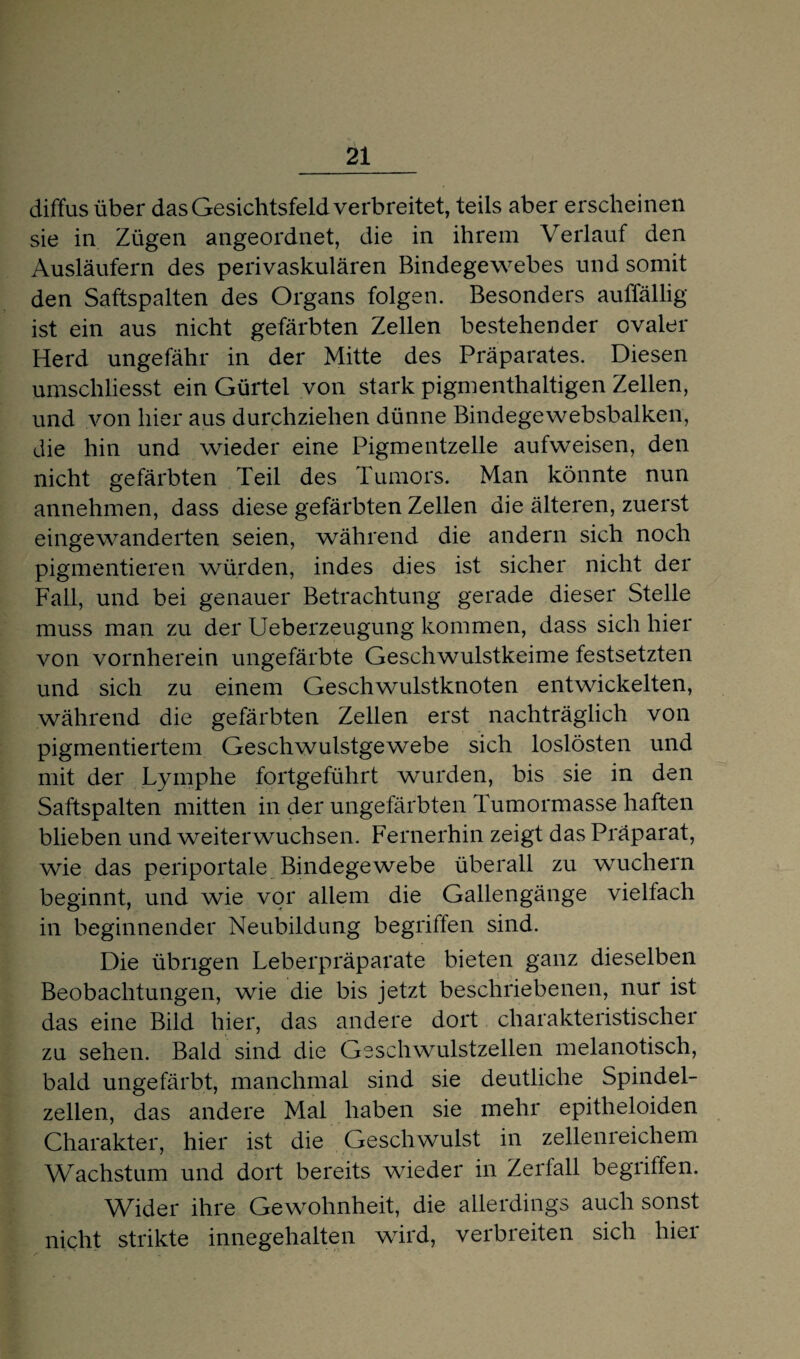 diffus über das Gesichtsfeld verbreitet, teils aber erscheinen sie in Zügen angeordnet, die in ihrem Verlauf den Ausläufern des perivaskulären Bindegewebes und somit den Saftspalten des Organs folgen. Besonders auffällig ist ein aus nicht gefärbten Zellen bestehender ovaler Herd ungefähr in der Mitte des Präparates. Diesen umschliesst ein Gürtel von stark pigmenthaltigen Zellen, und von hier aus durchziehen dünne Bindegewebsbalken, die hin und wieder eine Pigmentzelle aufweisen, den nicht gefärbten Teil des Tumors. Man könnte nun annehmen, dass diese gefärbten Zellen die älteren, zuerst eingewanderten seien, während die andern sich noch pigmentieren würden, indes dies ist sicher nicht der Fall, und bei genauer Betrachtung gerade dieser Stelle muss man zu der Ueberzeugung kommen, dass sich hier von vornherein ungefärbte Geschwulstkeime festsetzten und sich zu einem Geschwulstknoten entwickelten, während die gefärbten Zellen erst nachträglich von pigmentiertem Geschwulstgewebe sich loslösten und mit der Lymphe fortgeführt wurden, bis sie in den Saftspalten mitten in der ungefärbten Tumormasse haften blieben und weiterwuchsen. Fernerhin zeigt das Präparat, wie das periportale Bindegewebe überall zu wuchern beginnt, und wie vor allem die Gallengänge vielfach in beginnender Neubildung begriffen sind. Die übrigen Leberpräparate bieten ganz dieselben Beobachtungen, wie die bis jetzt beschriebenen, nur ist das eine Bild hier, das andere dort charakteristischer zu sehen. Bald sind die Geschwulstzellen melanotisch, bald ungefärbt, manchmal sind sie deutliche Spindel¬ zellen, das andere Mal haben sie mehr epitheloiden Charakter, hier ist die Geschwulst in zellenreichem Wachstum und dort bereits wieder in Zerfall begriffen. Wider ihre Gewohnheit, die allerdings auch sonst nicht strikte innegehalten wird, verbreiten sich hier