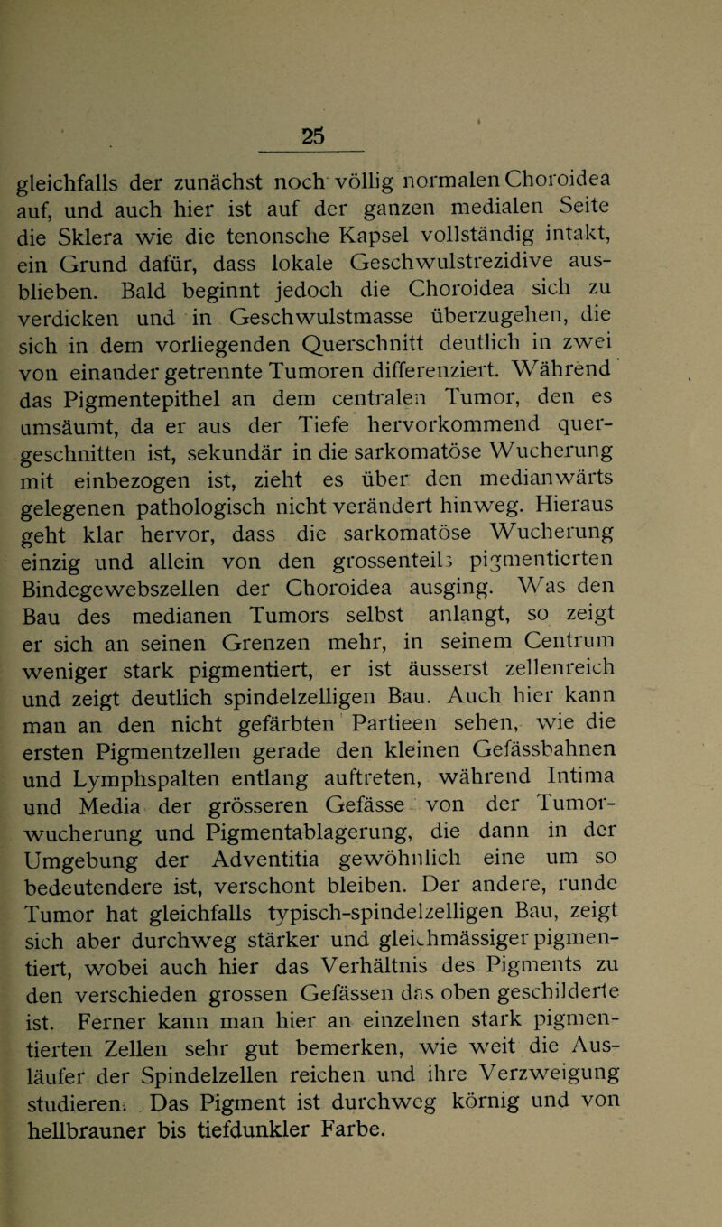 gleichfalls der zunächst noch völlig normalen Choroidea auf, und auch hier ist auf der ganzen medialen Seite die Sklera wie die tenonsche Kapsel vollständig intakt, ein Grund dafür, dass lokale Geschwulstrezidive aus¬ blieben. Bald beginnt jedoch die Choroidea sich zu verdicken und in Geschwulstmasse überzugehen, die sich in dem vorliegenden Querschnitt deutlich in zwei von einander getrennte Tumoren differenziert. Während das Pigmentepithel an dem centralen Tumor, den es umsäumt, da er aus der Tiefe hervorkommend quer- geschnitten ist, sekundär in die sarkomatöse Wucherung mit einbezogen ist, zieht es über den medianwärts gelegenen pathologisch nicht verändert hinweg. Hieraus geht klar hervor, dass die sarkomatöse Wucherung einzig und allein von den grossenteils pigmentierten Bindegewebszellen der Choroidea ausging. Was den Bau des medianen Tumors selbst anlangt, so zeigt er sich an seinen Grenzen mehr, in seinem Centrum weniger stark pigmentiert, er ist äusserst zellenreich und zeigt deutlich spindelzelligen Bau. Auch hier kann man an den nicht gefärbten Partieen sehen, wie die ersten Pigmentzellen gerade den kleinen Gefässbahnen und Lymphspalten entlang auftreten, während Intima und Media der grösseren Gefässe von der Tumor¬ wucherung und Pigmentablagerung, die dann in der Umgebung der Adventitia gewöhnlich eine um so bedeutendere ist, verschont bleiben. Der andere, runde Tumor hat gleichfalls typisch-spindelzelligen Bau, zeigt sich aber durchweg stärker und glekhmässiger pigmen¬ tiert, wobei auch hier das Verhältnis des Pigments zu den verschieden grossen Gefässen das oben geschilderte ist. Ferner kann man hier an einzelnen stark pigmen¬ tierten Zellen sehr gut bemerken, wie weit die Aus¬ läufer der Spindelzellen reichen und ihre Verzweigung studieren. Das Pigment ist durchweg körnig und von hellbrauner bis tiefdunkler Farbe.