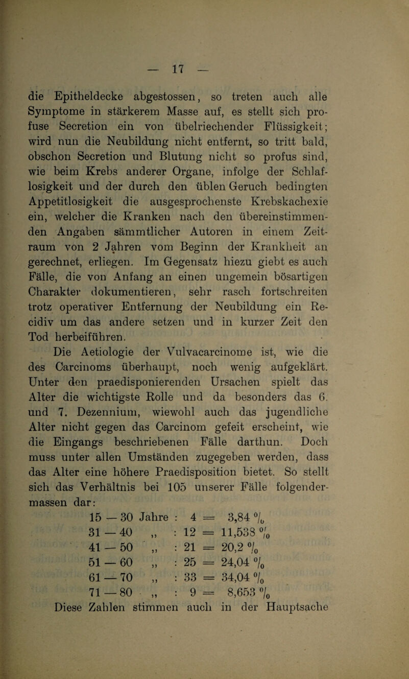 die Epitheldecke abgestossen, so treten auch alle Symptome in stärkerem Masse auf, es stellt sich pro¬ fuse Secretion ein von übelriechender Flüssigkeit; wird nun die Neubildung nicht entfernt, so tritt bald, obschon Secretion und Blutung nicht so profus sind, wie beim Krebs anderer Organe, infolge der Schlaf¬ losigkeit und der durch den üblen Geruch bedingten Appetitlosigkeit die ausgesprochenste Krebskachexie ein, welcher die Kranken nach den übereinstimmen¬ den Angaben sämmtlicher Autoren in einem Zeit¬ raum von 2 Jahren vom Beginn der Krankheit an gerechnet, erliegen. Im Gegensatz hiezu giebt es auch Fälle, die von Anfang an einen ungemein bösartigen Charakter dokumentieren, sehr rasch fortschreiten trotz operativer Entfernung der Neubildung ein Re- cidiv um das andere setzen und in kurzer Zeit den Tod herbeiführen. Die Aetiologie der Vulvacarcinome ist, wie die des Carciiioms überhaupt, noch wenig aufgeklärt. Unter den praedisponierenden Ursachen spielt das Alter die wichtigste Rolle und da besonders das 6. und 7. Dezennium, wiewohl auch das jugendliche Alter nicht gegen das Carcinorn gefeit erscheint, wie die Eingangs beschriebenen Fälle darthun. Doch muss unter allen Umständen zugegeben werden, dass das Alter eine höhere Praedisposition bietet. So stellt sich das Verhältnis bei 105 unserer Fälle folgender- massen dar: 15 — 30 Jahre 31—40 41 — 50 51 — 60 61 — 70 71—80 >> )) 5> 5 » n 4 12 21 25 33 9 Diese Zahlen stimmen auch 3,84 1 11,538 ^/o 20,2 % 24,04 ^ 34,04 % 8,653 % in der Hauptsache