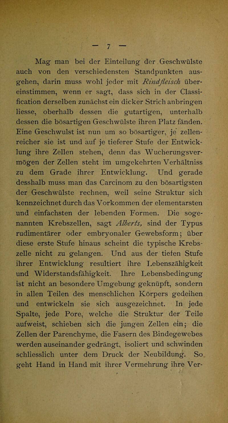 Mag man bei der Einteilung der Geschwülste auch von den verschiedensten Standpunkten aus¬ gehen, darin muss wohl jeder mit Rindfleisch über¬ einstimmen, wenn er sagt, dass sich in der Classi¬ fication derselben zunächst ein dicker Strich anbringen Hesse, oberhalb dessen die gutartigen, unterhalb dessen die bösartigen Geschwülste ihren Platz fänden. Eine Geschwulst ist nun um so bösartiger, je zellen¬ reicher sie ist und auf je tieferer Stufe der Entwick¬ lung ihre Zellen stehen, denn das Wucherungsver¬ mögen der Zellen steht im umgekehrten Verhältnis zu dem Grade ihrer Entwicklung. Und gerade desshalb muss man das Carcinom zu den bösartigsten der Geschwülste rechnen, weil seine Struktur sich kennzeichnet durch das Vorkommen der elementarsten und einfachsten der lebenden Formen. Die soge¬ nannten Krebszellen, sagt Alber ts, sind der Typus rudimentärer oder embryonaler Gewebsform; über diese erste Stufe hinaus scheint die typische Krebs¬ zelle nicht zu gelangen. Und aus der tiefen Stufe ihrer Entwicklung resultiert ihre Lebenszähigkeit und Widerstandsfähigkeit. Ihre Lebensbedingung ist nicht an besondere Umgebung geknüpft, sondern in allen Teilen des menschlichen Körpers gedeihen und entwickeln sie sich ausgezeichnet. In jede Spalte, jede Pore, welche die Struktur der Teile aufweist, schieben sich die jungen Zellen ein; die Zellen der Parenchyme, die Fasern des Bindegewebes werden auseinander gedrängt, isoliert und schwinden schliesslich unter dem Druck der Neubildung. So geht Hand in Hand mit ihrer Vermehrung ihre Ver-