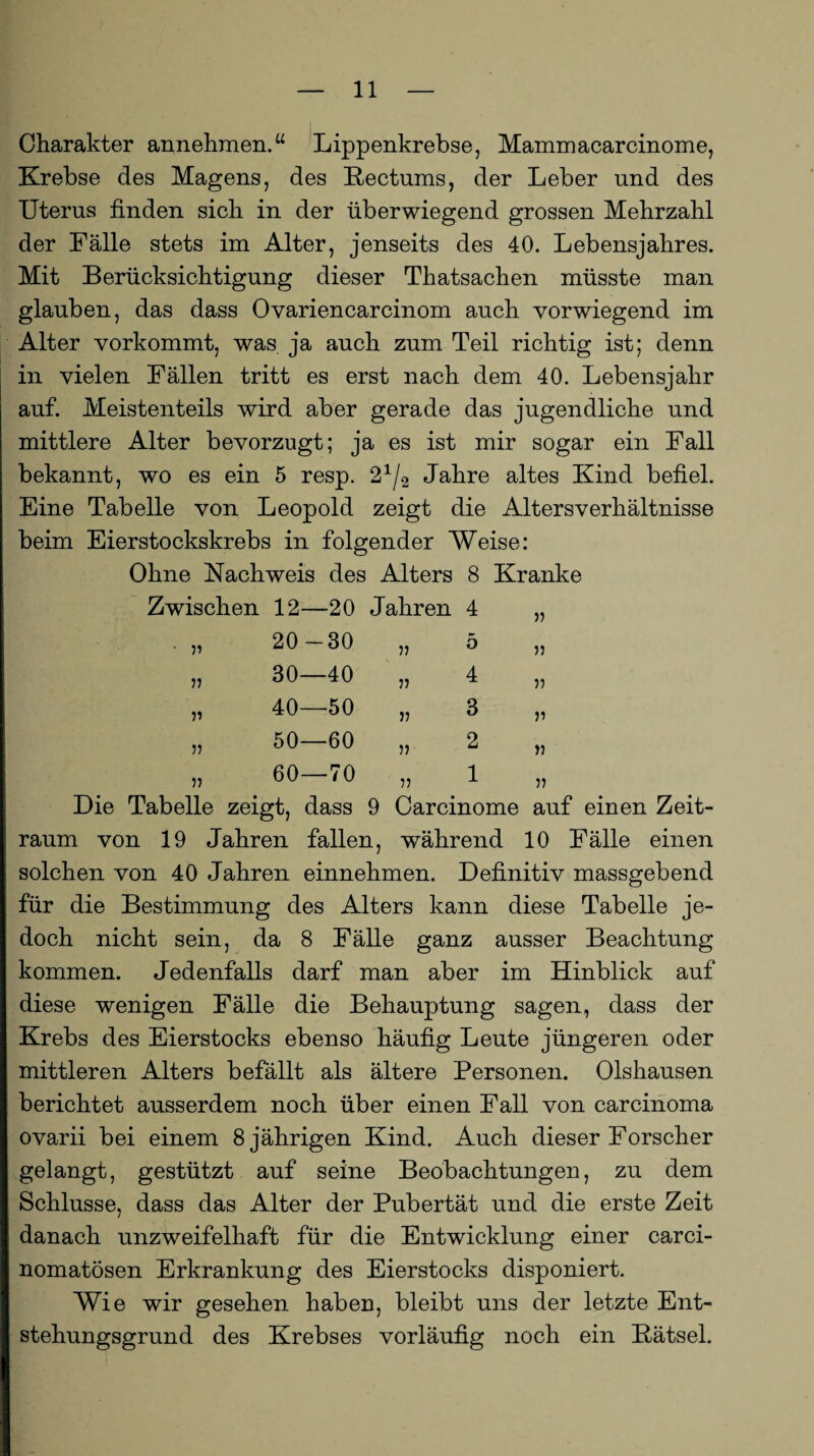 Charakter annehmen.u Lippenkrebse, Mammacarcinome, Krebse des Magens, des Rectums, der Leber und des Uterus finden sich in der überwiegend grossen Mehrzahl der Fälle stets im Alter, jenseits des 40. Lebensjahres. Mit Berücksichtigung dieser Thatsachen müsste man glauben, das dass Ovariencarcinom auch vorwiegend im Alter vorkommt, was ja auch zum Teil richtig ist; denn in vielen Fällen tritt es erst nach dem 40. Lebensjahr auf. Meistenteils wird aber gerade das jugendliche und mittlere Alter bevorzugt; ja es ist mir sogar ein Fall bekannt, wo es ein 5 resp. 21/2 Jahre altes Kind befiel. Eine Tabelle von Leopold zeigt die Alters Verhältnisse beim Eierstockskrebs in folgender Weise: Ohne Nachweis des Alters 8 Kranke Zwischen 12- —20 Jahren 4 ii • 11 20 -30 11 5 ii 11 30- —40 11 4 n H 40- —50 11 3 ii 11 50- —60 11 2 ii 11 60- —70 11 1 ii Die Tabelle zeigt, dass 9 Carcinome auf einen Zeit¬ raum von 19 Jahren fallen, während 10 Fälle einen solchen von 40 Jahren einnehmen. Definitiv massgebend für die Bestimmung des Alters kann diese Tabelle je¬ doch nicht sein, da 8 Fälle ganz ausser Beachtung kommen. Jedenfalls darf man aber im Hinblick auf diese wenigen Fälle die Behauptung sagen, dass der Krebs des Eierstocks ebenso häufig Leute jüngeren oder mittleren Alters befällt als ältere Personen. Olshausen berichtet ausserdem noch über einen Fall von carcinoma ovarii bei einem 8 jährigen Kind. Auch dieser Forscher gelangt, gestützt auf seine Beobachtungen, zu dem Schlüsse, dass das Alter der Pubertät und die erste Zeit danach unzweifelhaft für die Entwicklung einer carci- nomatösen Erkrankung des Eierstocks disponiert. Wie wir gesehen haben, bleibt uns der letzte Ent¬ stehungsgrund des Krebses vorläufig noch ein Rätsel.