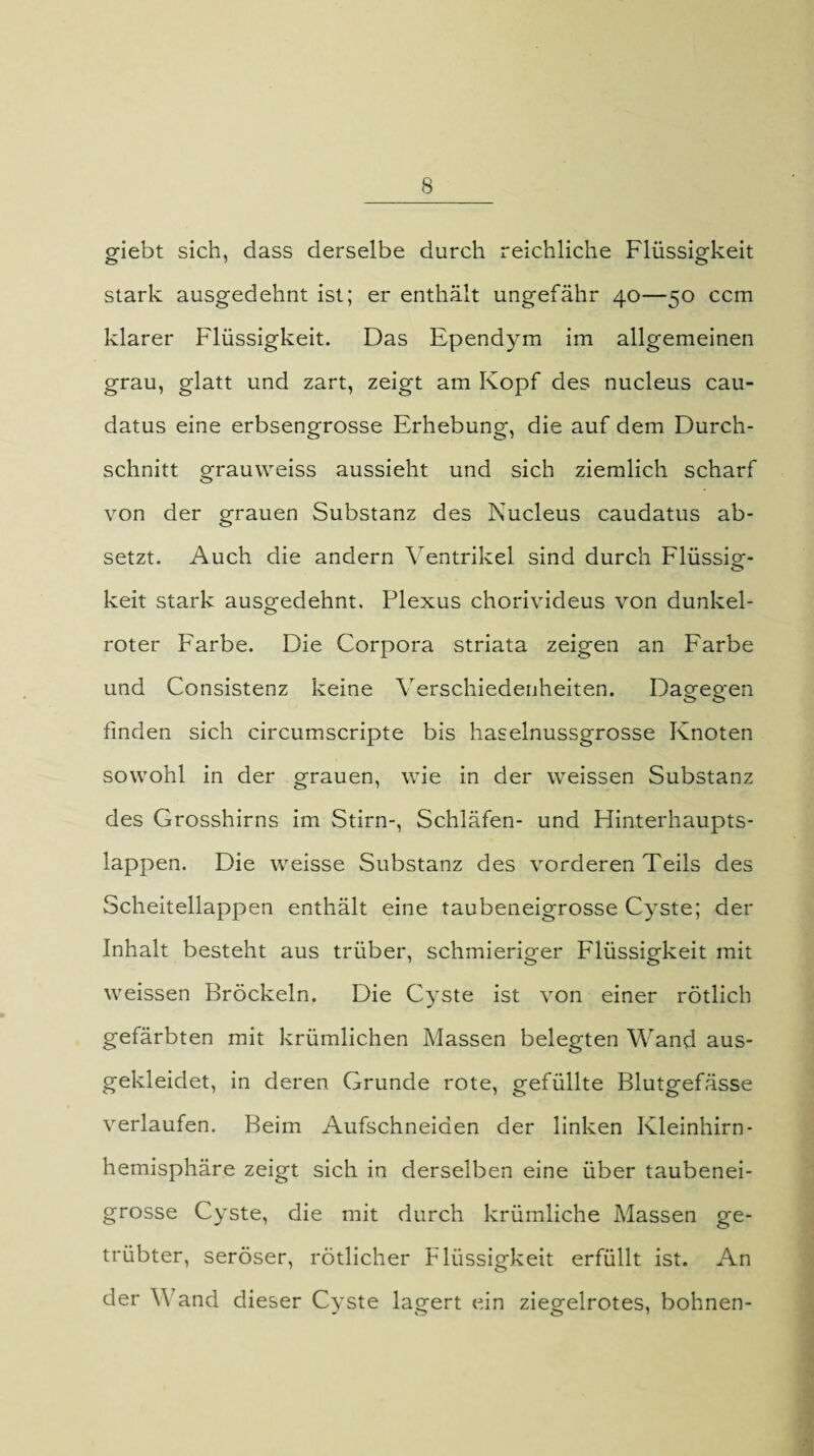 giebt sich, dass derselbe durch reichliche Flüssigkeit stark ausgedehnt ist; er enthält ungefähr 40—50 ccm klarer Flüssigkeit. Das Ependym im allgemeinen grau, glatt und zart, zeigt am Kopf des nucleus cau- datus eine erbsengrosse Erhebung, die auf dem Durch¬ schnitt grauweiss aussieht und sich ziemlich scharf von der grauen Substanz des Nucleus caudatus ab¬ setzt. Auch die andern Ventrikel sind durch Flüssig¬ keit stark ausgedehnt. Plexus chorivideus von dunkel¬ roter Farbe. Die Corpora striata zeigen an Farbe und Consistenz keine Verschiedenheiten. Dagegen finden sich circumscripte bis haselnussgrosse Knoten sowohl in der grauen, wie in der weissen Substanz des Grosshirns im Stirn-, Schläfen- und Hinterhaupts¬ lappen. Die weisse Substanz des vorderen Teils des Scheitellappen enthält eine taubeneigrosse Cyste; der Inhalt besteht aus trüber, schmieriger Flüssigkeit mit weissen Bröckeln. Die Cyste ist von einer rötlich gefärbten mit krümlichen Massen belegten Wand aus¬ gekleidet, in deren Grunde rote, gefüllte Blutgefässe verlaufen. Beim Aufschneiden der linken Kleinhirn¬ hemisphäre zeigt sich in derselben eine über taubenei¬ grosse Cyste, die mit durch krümliche Massen ge¬ trübter, seröser, rötlicher Flüssigkeit erfüllt ist. An der Wand dieser Cyste lagert ein ziegelrotes, bohnen-