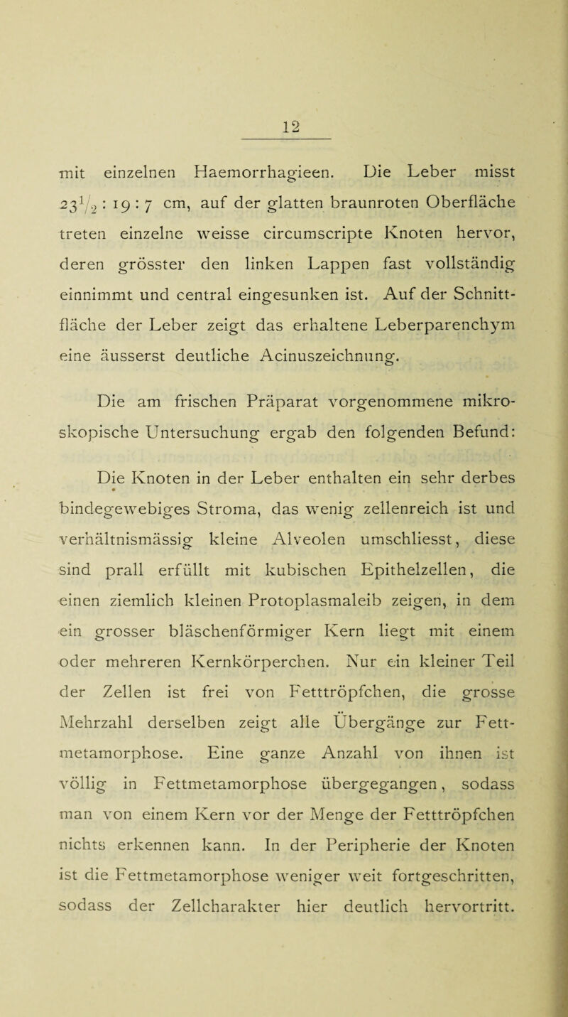 mit einzelnen Haemorrhagieen. Die Leber misst j231 /2 119:7 cm, auf der glatten braunroten Oberfläche treten einzelne weisse circumscripte Knoten hervor, deren grösster den linken Lappen fast vollständig einnimmt und central eingesunken ist. Auf der Schnitt- fläche der Leber zeigt das erhaltene Leberparenchym eine äusserst deutliche Acinuszeichnung. Die am frischen Präparat vorgenommene mikro¬ skopische Untersuchung ergab den folgenden Befund: Die Knoten in der Leber enthalten ein sehr derbes bindegewebiges Stroma, das wenig zellenreich ist und verhältnismässig kleine Alveolen umschliesst, diese sind prall erfüllt mit kubischen Epithelzellen, die einen ziemlich kleinen Protoplasmaleib zeigen, in dem ein grosser bläschenförmiger Kern liegt mit einem oder mehreren Kernkörperchen. Nur e,in kleiner Teil der Zellen ist frei von Fetttröpfchen, die grosse Mehrzahl derselben zeigt alle Übergänge zur Fett- metamorphose. Eine ganze Anzahl von ihnen ist völlig in Fettmetamorphose übergegangen, sodass man von einem Kern vor der Menge der Fetttröpfchen nichts erkennen kann. In der Peripherie der Knoten ist die Fettmetamorphose weniger weit fortgeschritten, sodass der Zellcharakter hier deutlich hervortritt.