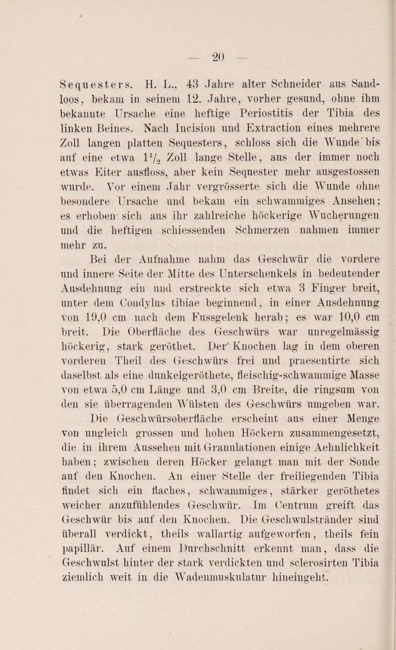 Sequesters. H. L., 43 Jahre alter Schneider ans Sand¬ loos, bekam in seinem 12. Jahre, vorher gesund, ohne ihm bekannte Ursache eine heftige Periostitis der Tibia des linken Beines. Nach Incision und Extraction eines mehrere Zoll langen platten Sequesters, schloss sich die Wunde bis auf eine etwa V/2 Zoll lange Stelle, aus der immer noch etwas Eiter auslioss, aber kein Sequester mehr ausgestossen wurde. Vor einem Jahr vergrösserte sich die Wunde ohne besondere Ursache und bekam ein schwammiges Ansehen; es erhoben sich aus ihr zahlreiche höckerige Wucherungen und die heftigen schiessenden Schmerzen nahmen immer mehr zu. Bei der Aufnahme nahm das Geschwür die vordere und innere Seite der Mitte des Unterschenkels in bedeutender Ausdehnung ein und erstreckte sich etwa 3 Finger breit, unter dem Condylus tibiae beginnend, in einer Ausdehnung von 19,0 cm nach dem Fussgelenk herab; es war 10,0 cm breit. Die Oberfläche des Geschwürs war unregelmässig höckerig, stark geröthet. Der Knochen lag in dem oberen vorderen Theil des Geschwürs frei und praesentirte sich daselbst als eine dunkelgeröthete, fleischig-schwammige Masse von etwa 5,0 cm Länge und 3,0 cm Breite, die ringsum von den sie überragenden Wülsten des Geschwürs umgeben war. Die Geschwürsoberfläche erscheint aus einer Menge von ungleich grossen und hohen Höckern zusammengesetzt, die in ihrem Aussehen mit Granulationen einige Aehnlichkeit haben; zwischen deren Höcker gelangt man mit der Sonde auf den Knochen. An einer Stelle der freiliegenden Tibia findet sich ein Haches, schwammiges, stärker geröthetes weicher anzufühlendes Geschwür. Im Centrum greift das Geschwür bis auf den Knochen. Die Geschwulstränder sind überall verdickt, theils wallartig aufgeworfen, theils fein papillär. Auf einem Durchschnitt erkennt man, dass die Geschwulst hinter der stark verdickten und sclerosirten Tibia ziemlich weit in die Wadenmuskulatur hineingeht.
