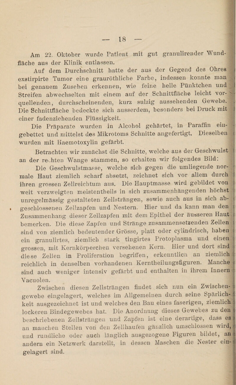 Am 22. Oktober wurde Patient mit gut granulirender Wund¬ fläche aus der Klinik entlassen. Auf dem Durchschnitt hatte der aus der Gegend des Ohres exstirpirte Tumor eine grauröthliche Farbe, indessen konnte man bei genauem Zusehen erkennen, wie feine helle Pünktchen und Streifen abwechselten mit einem auf der Schnittfläche leicht vor¬ quellenden, durchscheinenden, kurz sulzig aussehenden Gewebe. ; Die Schnittfläche bedeckte sich ausserdem, besonders bei Druck mit einer fadenziehenden Flüssigkeit. Die Präparate wurden in Alcohol gehärtet, in Paraffin ein- j gebettet und mittelst des Mikrotoms Schnitte angefertigt. Dieselben wurden mit Haemotoxylin gefärbt. Betrachten wir zunächst die Schnitte, welche aus der Geschwulst ; an der rechten Wange stammen, so erhalten wir folgendes Bild: Die Geschwulstmasse, wrelche sich gegen die umliegende nor¬ male Haut ziemlich scharf absetzt, zeichnet sich vor allem durch ihren grossen Zellreichtum aus. Die Hauptmasse wird gebildet von weit verzweigten meistentheils in sich zusammenhängenden höchst unregelmässig gestalteten Zellsträngen, sowie auch aus in sich ab- ♦ geschlossenen Zellzapfen und Nestern. Hier und da kann man den Zusammenhang dieser Zellzapfen mit dem Epithel der äusseren Haut bemerken. Die diese Zapfen und Stränge zusammensetzenden Zellen . sind von ziemlich, bedeutender Grösse, platt oder cylindrisch, haben ein granulirtes, ziemlich stark tingirtes Protoplasma und einen grossen, mit Kernkörperchen versehenen Kern. Hier und dort sind diese Zellen in Proliferation begriffen, erkenntlicn an ziemlich reichlich in denselben vorhandenen Kerntheilungsfiguren. Manche sind auch weniger intensiv gefärbt und enthalten in ihrem Innern Vacuolen. Zwischen diesen Zellsträngen findet sich nun ein Zwischen¬ gewebe eingelagert, welches im Allgemeinen durch seine Spärlich¬ keit ausgezeichnet ist und welches den Bau eines faserigen, ziemlich lockeren Bindegewebes hat. Die Anordnung dieses Gewebes zu den beschriebenen Zellsträngen und Zapfen ist eine derartige, dass eso an man eben Stellen von den Zellhaufen gänzlich umschlossen vs ird, und rundliche oder auch länglich ausgezogene Figuren bildet, an .| andern ein Netzwerk darstellt, in dessen Maschen die Nester ein- is gelagert sind.