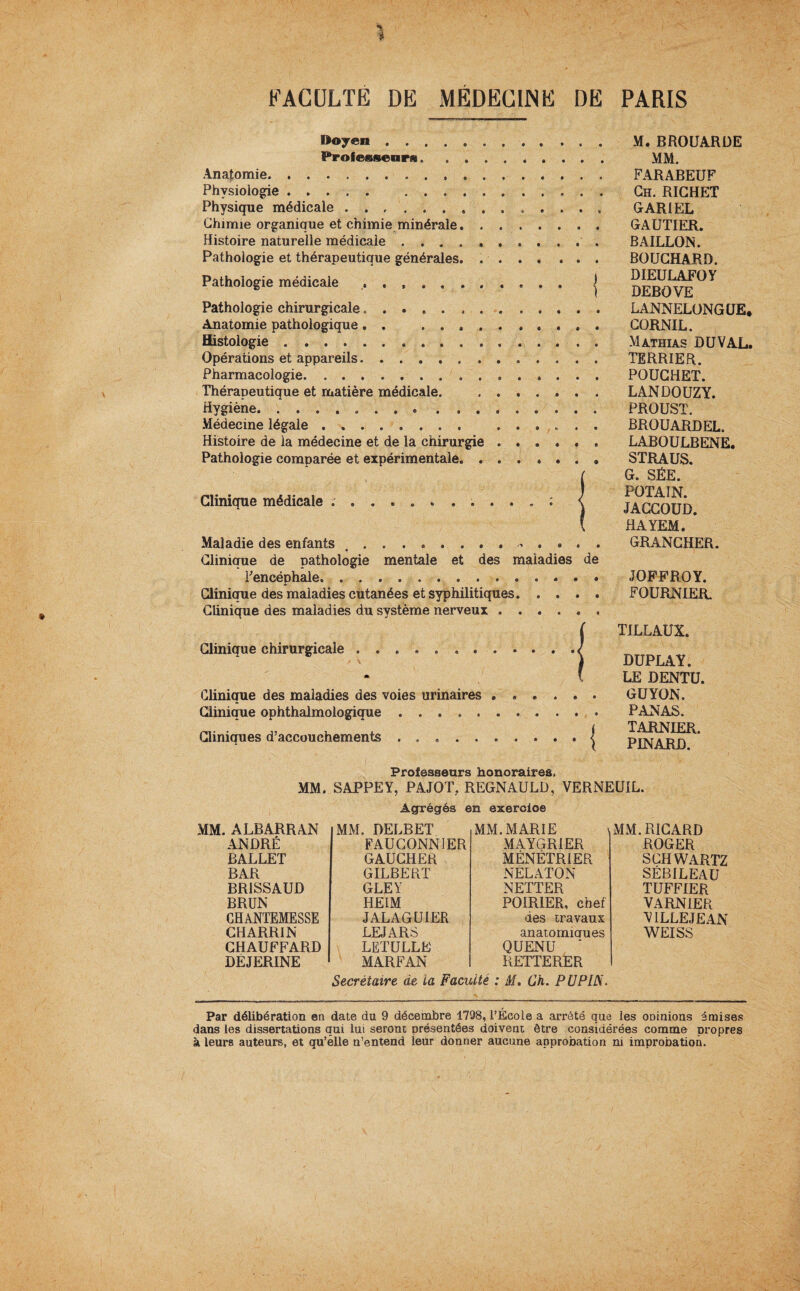 •* 1 FACULTÉ DE MÉDECINE DE PARIS Doyen . Professeurs. . . Anatomie.. . Physiologie. . Physique médicale.. . Chimie organique et chimie minérale. . Histoire naturelle médicale. Pathologie et thérapeutique générales. . Pathologie médicale ........ Pathologie chirurgicale «. Anatomie pathologique . . .... Histologie. Opérations et appareils. Pharmacologie. Thérapeutique et matière médicale. Hygiène.. Médecine légale . .. Histoire de la médecine et de la chirurgie Pathologie comparée et expérimentale. . Clinique médicale Maladie des enfants .- . « . . Clinique de pathologie mentale et des maladies de l'encéphale.. Clinique des maladies cutanées et syphilitiques. Clinique des maladies du système nerveux. Clinique chirurgicale./ Clinique des maladies des voies urinaires Clinique ophthalmologique. Cliniques d’accouchements ..... M. BROUARDE MM. FARABEUF Ch. RICHET GAR1EL GAUTIER. BAILLON. BOUCHARD. DIEULAFOY DEBOVE LANNELONGUE. CORNIL. Mathias DU VAL. TERRIER. POUCHET. LANDOUZY. PROUST. BROUARDEL. LABOULBENE. STRAUS. G. SÉE. POTAIN. JACCOUD. HAYEM. GRANCHER. JOFFROY. FOURNIER. TILLAUX. DUPLAY. LE DENTU. GUYON. PANAS. TARNIER. PINARD. Professeurs honoraires. MM. SAPPEY, PAJOT. REGNAULD, VERNEUIL. Agrégés en exercice MM. ALBARRAN MM. DELBET MM. MARIE MM. RICARD ANDRÉ FAUCONNIER MAYGRIER ROGER BALLET GAUCHER MÉNÉTRIER SCHWARTZ BAR GILBERT NÉLATON SÉBILEAU BRISSAUD GLEY NETTER TUFFIER BRUN HEIM POIRIER, chef VARNIER CHANTEMESSE JALAGUIER des travaux VILLE JE AN- CHARRIN LEJARS anatomicrues WEISS CHAUFFARD LETULLE QUENU DEJERINE MARFAN REITERER Secrétaire de la Faculté : M. Ch. P U PUS. Par délibération en date du 9 décembre 1798, l’Ecole a arrêté que les ooinions émises dans les dissertations qui lui seront présentées doivent être considérées comme propres à leurs auteurs, et qu’elle n’entend leur donner aucune approbation ni improbation.