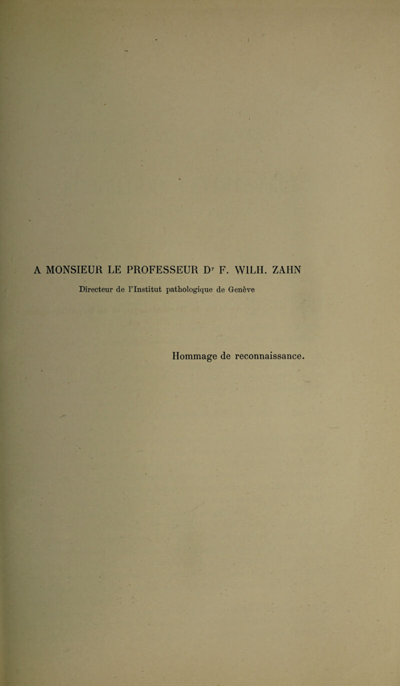 A MONSIEUR LE PROFESSEUR Dr F. W1LII. ZAHN Directeur de l’Institut pathologique de Genève Hommage de reconnaissance.