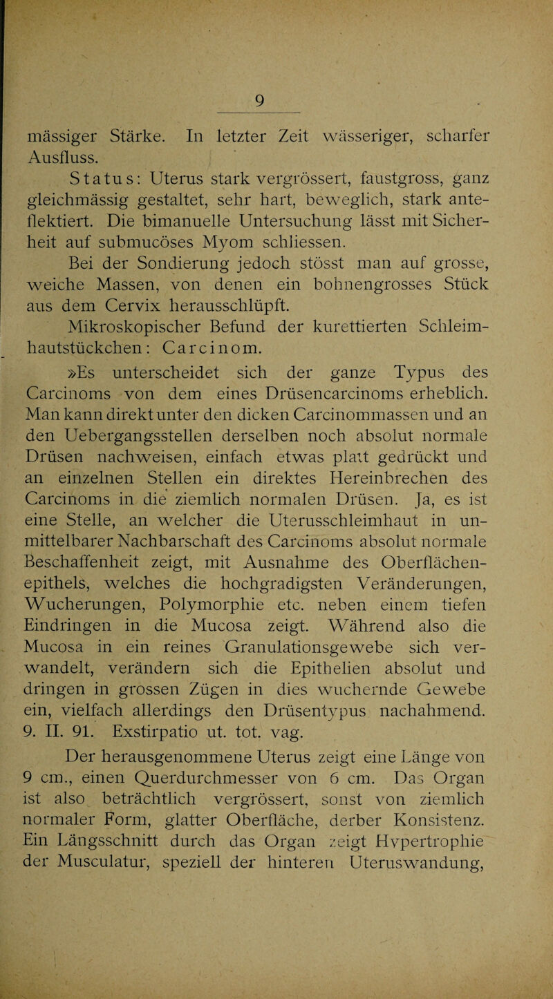 massiger Stärke. In letzter Zeit wässeriger, scharfer Ausfluss. Status: Uterus stark vergrössert, faustgross, ganz gleichmässig gestaltet, sehr hart, beweglich, stark ante- flektiert. Die bimanuelle Untersuchung lässt mit Sicher¬ heit auf submucöses Myom schliessen. Bei der Sondierung jedoch stösst man auf grosse, weiche Massen, von denen ein bohnengrosses Stück aus dem Cervix herausschlüpft. Mikroskopischer Befund der kurettierten Schleim¬ hautstückchen: Carcinom. »Es unterscheidet sich der ganze Typus des Carcinoms von dem eines Drüsencarcinoms erheblich. Man kann direkt unter den dicken Carcinommassen und an den Uebergangsstellen derselben noch absolut normale Drüsen nachweisen, einfach etwas platt gedrückt und an einzelnen Stellen ein direktes Hereinbrechen des Carcinoms in die ziemlich normalen Drüsen. Ja, es ist eine Stelle, an welcher die Uterusschleimhaut in un¬ mittelbarer Nachbarschaft des Carcinoms absolut normale Beschaffenheit zeigt, mit Ausnahme des Oberflächen¬ epithels, welches die hochgradigsten Veränderungen, Wucherungen, Polymorphie etc. neben einem tiefen Eindringen in die Mucosa zeigt. Während also die Mucosa in ein reines Granulationsgewebe sich ver¬ wandelt, verändern sich die Epithelien absolut und dringen in grossen Zügen in dies wuchernde Gewebe ein, vielfach allerdings den Drüsentypus nachahmend. 9. II. 91. Exstirpatio ut. tot. vag. Der herausgenommene Uterus zeigt eine Länge von 9 cm., einen Querdurchmesser von 6 cm. Das Organ ist also beträchtlich vergrössert, sonst von ziemlich normaler Form, glatter Oberfläche, derber Konsistenz. Ein Längsschnitt durch das Organ zeigt Hvpertrophie der Musculatur, speziell der hinteren Uteruswandung,