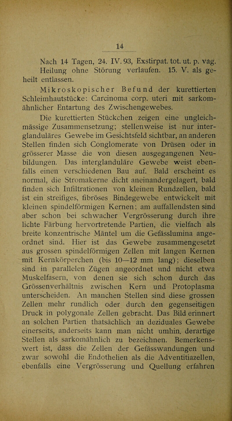 Nach 14 Tagen, 24. IV. 93, Exstirpat. tot. ut. p. vag. Heilung ohne Störung verlaufen. 15. V. als ge¬ heilt entlassen. Mikroskopischer Befund der kurettierten Schleimhautstücke: Carcinoma corp. uteri mit sarkom¬ ähnlicher Entartung des Zwischengewebes. Die kurettierten Stückchen zeigen eine ungleich- massige Zusammensetzung; stellenweise ist nur inter¬ glanduläres Gewebe im Gesichtsfeld sichtbar, an anderen Stellen finden sich Conglomerate von Drüsen oder in grösserer Masse die von diesen ausgegangenen Neu¬ bildungen. Das interglanduläre Gewebe weist eben¬ falls einen verschiedenen Bau auf. Bald erscheint es normal, die Stromakerne dicht aneinandergelagert, bald finden sich Infiltrationen von kleinen Rundzellen, bald ist ein streifiges, fibröses Bindegewebe entwickelt mit kleinen spindelförmigen Kernen; am auffallendsten sind aber schon bei schwacher Vergrösserung durch ihre lichte Färbung hervortretende Partien, die vielfach als breite konzentrische Mäntel um die Gefässlumina ange¬ ordnet sind. Hier ist das Gewebe zusammengesetzt aus grossen spindelförmigen Zellen mit langen Keinen mit Kernkörperchen (bis 10—12 mm lang); dieselben sind in parallelen Zügen angeordnet und nicht etwa Muskelfasern, von denen sie sich schon durch das Grössenverhältnis zwischen Kern und Protoplasma unterscheiden. An manchen Stellen sind diese grossen Zellen mehr rundlich oder durch den gegenseitigen Druck in polygonale Zellen gebracht. Das Bild erinnert an solchen Partien thatsächlich an deziduales Gewebe einerseits, anderseits kann man nicht umhin, derartige Stellen als sarkomähnlich zu bezeichnen. Bemerkens¬ wert ist, dass die Zellen der Gefässwandungen und zwar sowohl die Endothelien als die Adventitiazellen, ebenfalls eine Vergrösserung und Quellung erfahren