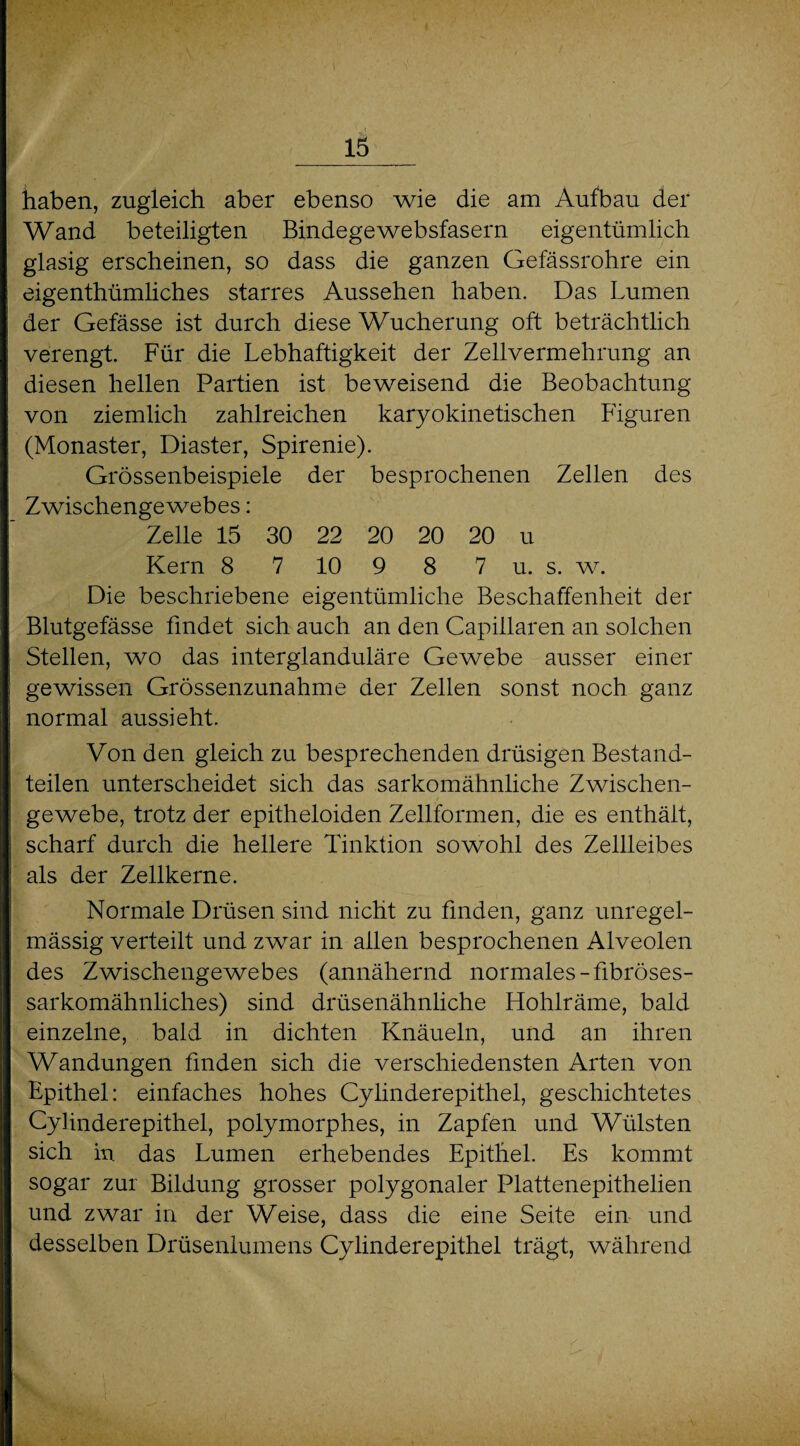 iiaben, zugleich aber ebenso wie die am Aufbau der Wand beteiligten Bindegewebsfasern eigentümlich glasig erscheinen, so dass die ganzen Gefässrohre ein eigenthümliches starres Aussehen haben. Das Lumen der Gefässe ist durch diese Wucherung oft beträchtlich verengt. Für die Lebhaftigkeit der Zellvermehrung an diesen hellen Partien ist beweisend die Beobachtung von ziemlich zahlreichen karyokinetischen Figuren (Monaster, Diaster, Spirenie). Grössenbeispiele der besprochenen Zellen des Zwischengewebes: Zelle 15 30 22 20 20 20 u Kern 8 7 10 9 8 7 u. s. w. Die beschriebene eigentümliche Beschaffenheit der Blutgefässe findet sich auch an den Capillaren an solchen Stellen, wo das interglanduläre Gewebe ausser einer gewissen Grössenzunahme der Zellen sonst noch ganz normal aussieht. Von den gleich zu besprechenden drüsigen Bestand¬ teilen unterscheidet sich das sarkomähnliche Zwischen¬ gewebe, trotz der epitheloiden Zellformen, die es enthält, scharf durch die hellere Tinktion sowohl des Zellleibes als der Zellkerne. Normale Drüsen sind nicht zu finden, ganz unregel¬ mässig verteilt und zwar in allen besprochenen Alveolen des Zwischengewebes (annähernd normales -fibröses- sarkomähnliches) sind drüsenähnliche Hohlräme, bald einzelne, bald in dichten Knäueln, und an ihren Wandungen finden sich die verschiedensten Arten von Epithel: einfaches hohes Cylinderepithel, geschichtetes Cylinderepithel, polymorphes, in Zapfen und Wülsten sich in das Lumen erhebendes Epithel. Es kommt sogar zur Bildung grosser polygonaler Plattenepithelien und zwar in der Weise, dass die eine Seite ein und desselben Drüsenlumens Cylinderepithel trägt, während