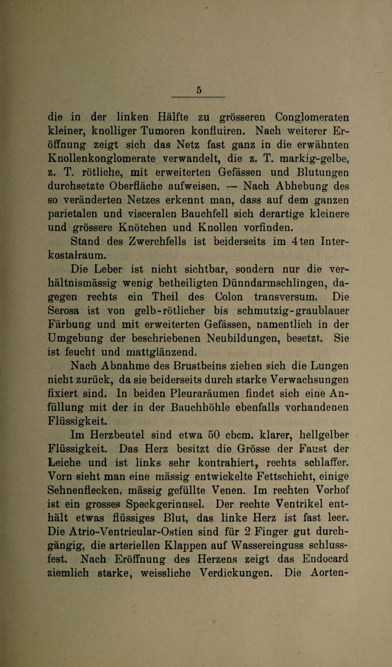 die in der linken Hälfte zu grösseren Conglomeraten kleiner, knolliger Tumoren konfluiren. Nach weiterer Er¬ öffnung zeigt sich das Netz fast ganz in die erwähnten Knollenkonglomerate verwandelt, die z. T. markig-gelbe, z. T. rötliche, mit erweiterten Gefässen und Blutungen durchsetzte Oberfläche aufweisen. — Nach Abhebung des so veränderten Netzes erkennt man, dass auf dem ganzen parietalen und visceralen Bauchfell sich derartige kleinere und grössere Knötchen und Knollen vorfinden. Stand des Zwerchfells ist beiderseits im 4ten Inter¬ kostalraum. Die Leber ist nicht sichtbar, sondern nur die ver¬ hältnismässig wenig betheiligten Dünndarmschlingen, da¬ gegen rechts ein Theil des Colon transversum. Die Serosa ist von gelb-rötlicher bis schmutzig-graublauer Färbung und mit erweiterten Gefässen, namentlich in der Umgebung der beschriebenen Neubildungen, besetzt. Sie ist feucht und mattglänzend. Nach Abnahme des Brustbeins ziehen sich die Lungen nicht zurück, da sie beiderseits durch starke Verwachsungen fixiert sind. In beiden Pleuraräumen findet sich eine An¬ füllung mit der in der Bauchhöhle ebenfalls vorhandenen Flüssigkeit. Im Herzbeutel sind etwa 50 cbcm. klarer, hellgelber Flüssigkeit. Das Herz besitzt die Grösse der Faust der Leiche und ist links sehr kontrahiert, rechts schlaffer. Vorn sieht man eine mässig entwickelte Fettschicht, einige Sehnenflecken, mässig gefüllte Venen. Im rechten Vorhof ist ein grosses Speckgerinnsel. Der rechte Ventrikel ent¬ hält etwas flüssiges Blut, das linke Herz ist fast leer. Die Atrio-Ventricular-Ostien sind für 2 Finger gut durch¬ gängig, die arteriellen Klappen auf Wassereinguss schluss¬ fest. Nach Eröffnung des Herzens zeigt das Endocard ziemlich starke, weissliche Verdickungen. Die Aorten-