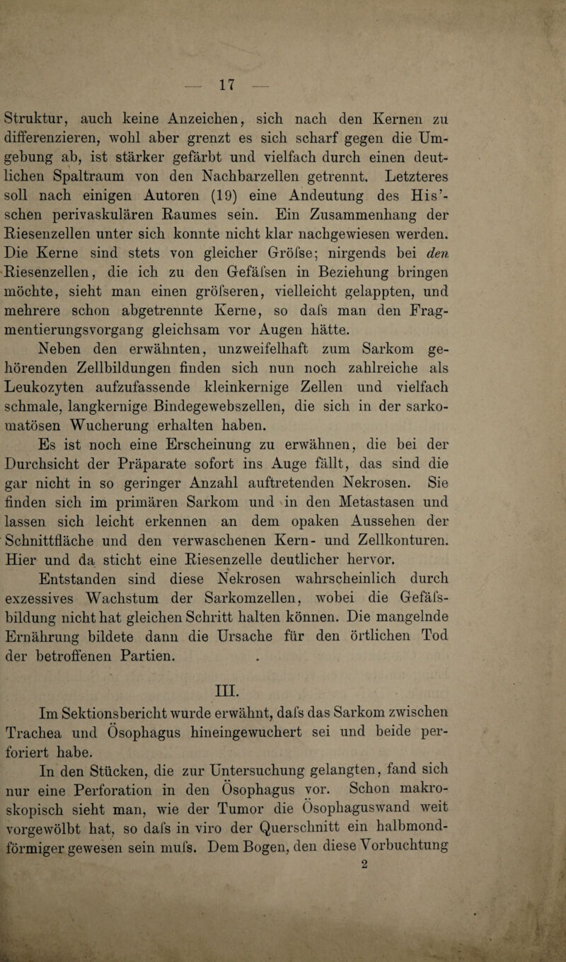 Struktur, auch keine Anzeichen, sich nach den Kernen zu differenzieren, wohl aber grenzt es sich scharf gegen die Um¬ gehung ab, ist stärker gefärbt und vielfach durch einen deut¬ lichen Spaltraum von den Nachbarzellen getrennt. Letzteres soll nach einigen Autoren (19) eine Andeutung des His’- schen perivaskulären Raumes sein. Ein Zusammenhang der Riesenzellen unter sich konnte nicht klar nachgewiesen werden. Die Kerne sind stets von gleicher Gröfse; nirgends bei den 'Riesenzellen, die ich zu den Gefäfsen in Beziehung bringen möchte, sieht man einen gröfseren, vielleicht gelappten, und mehrere schon abgetrennte Kerne, so dafs man den Frag¬ mentierungsvorgang gleichsam vor Augen hätte. Neben den erwähnten, unzweifelhaft zum Sarkom ge¬ hörenden Zellbildungen finden sich nun noch zahlreiche als Leukozyten aufzufassende kleinkernige Zellen und vielfach schmale, langkernige Bindegewebszellen, die sich in der sarko- matösen Wucherung erhalten haben. Es ist noch eine Erscheinung zu erwähnen, die bei der Durchsicht der Präparate sofort ins Auge fällt, das sind die gar nicht in so geringer Anzahl auftretenden Nekrosen. Sie finden sich im primären Sarkom und in den Metastasen und lassen sich leicht erkennen an dem opaken Aussehen der Schnittfläche und den verwaschenen Kern- und Zellkonturen. Hier und da sticht eine Riesenzelle deutlicher hervor. * Entstanden sind diese Nekrosen wahrscheinlich durch exzessives Wachstum der Sarkomzellen, wobei die Gefäfs- bildung nicht hat gleichen Schritt halten können. Die mangelnde Ernährung bildete dann die Ursache für den örtlichen Tod der betroffenen Partien. III. Im Sektionsbericht wurde erwähnt, dafs das Sarkom zwischen Trachea und Ösophagus hineingewuchert sei und beide per¬ foriert habe. In den Stücken, die zur Untersuchung gelangten, fand sich nur eine Perforation in den Ösophagus vor. Schon makro¬ skopisch sieht man, wie der Tumor die Ösophaguswand weit vorgewölbt hat, so dafs in viro der Querschnitt ein halbmond¬ förmiger gewesen sein mufs. Dem Bogen, den diese Vorbuchtung 2