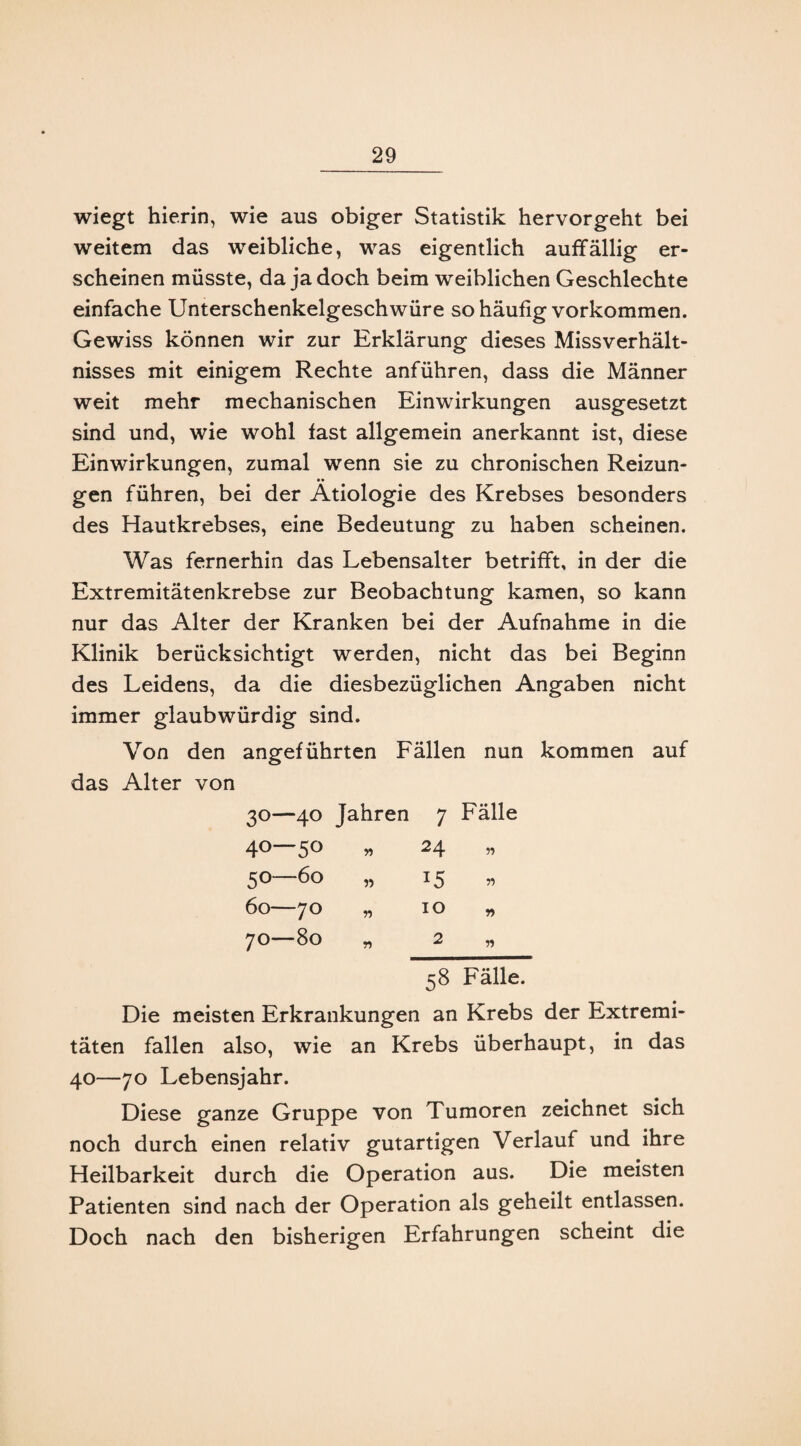 wiegt hierin, wie aus obiger Statistik hervorgeht bei weitem das weibliche, was eigentlich auffällig er¬ scheinen müsste, da ja doch beim weiblichen Geschlechte einfache Unterschenkelgeschwüre so häufig Vorkommen. Gewiss können wir zur Erklärung dieses Missverhält¬ nisses mit einigem Rechte anführen, dass die Männer weit mehr mechanischen Einwirkungen ausgesetzt sind und, wie wohl fast allgemein anerkannt ist, diese Einwirkungen, zumal wenn sie zu chronischen Reizun- •• gen führen, bei der Ätiologie des Krebses besonders des Hautkrebses, eine Bedeutung zu haben scheinen. Was fernerhin das Lebensalter betrifft, in der die Extremitätenkrebse zur Beobachtung kamen, so kann nur das Alter der Kranken bei der Aufnahme in die Klinik berücksichtigt werden, nicht das bei Beginn des Leidens, da die diesbezüglichen Angaben nicht immer glaubwürdig sind. Von den angeführten Fällen nun kommen auf das Alter von 30—40 Jahren 7 Fälle 40—50 „ 24 50—60 „ 15 60—70 „ 10 „ 70—80 „ 2 „ 58 Fälle? Die meisten Erkrankungen an Krebs der Extremi¬ täten fallen also, wie an Krebs überhaupt, in das 40—70 Lebensjahr. Diese ganze Gruppe von Tumoren zeichnet sich noch durch einen relativ gutartigen Verlauf und ihre Heilbarkeit durch die Operation aus. Die meisten Patienten sind nach der Operation als geheilt entlassen. Doch nach den bisherigen Erfahrungen scheint die