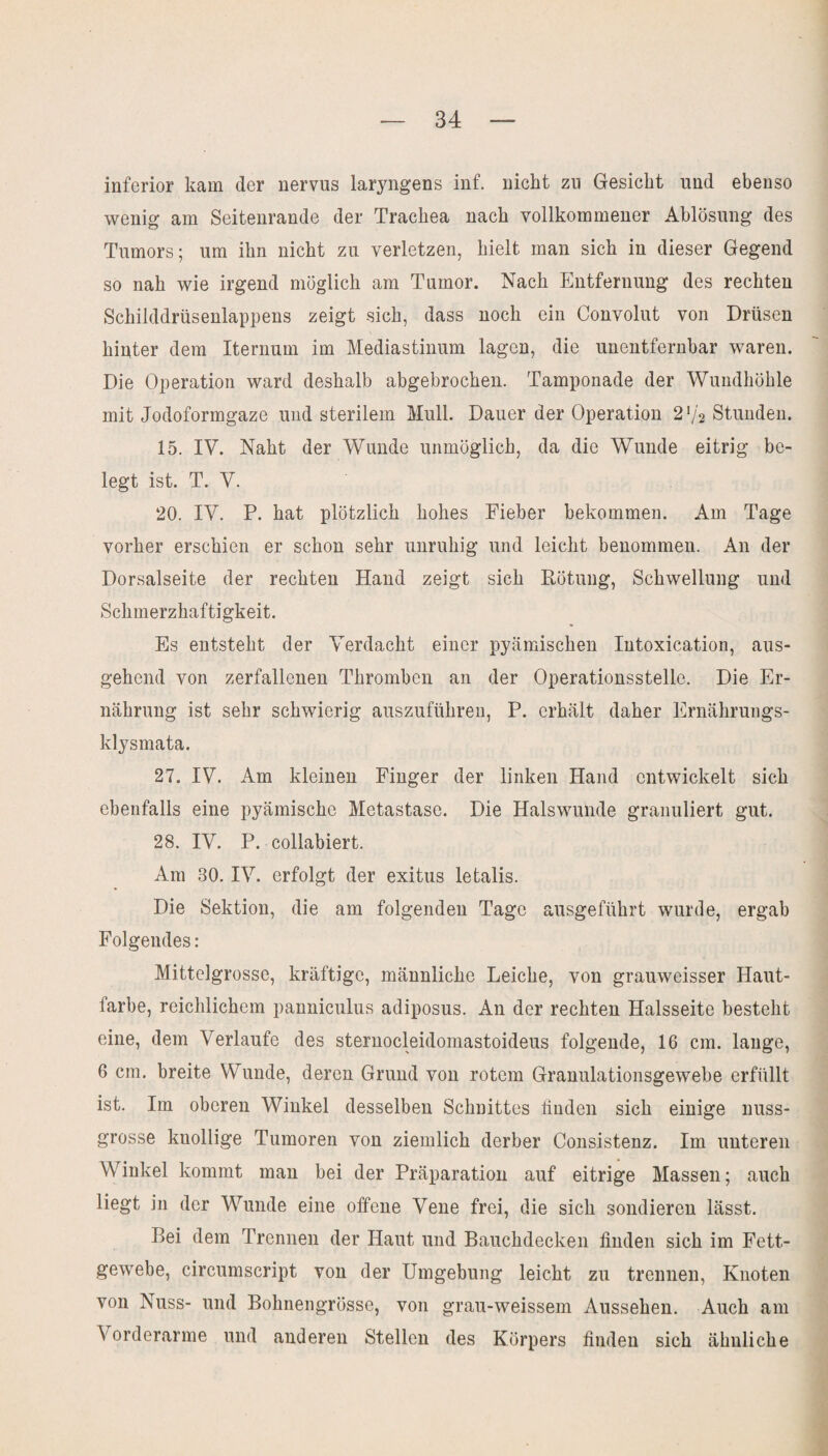 inferior kam der nervus laryngens inf. nickt zu Gesicht und ebenso wenig am Seitenrande der Trachea nach vollkommener Ablösung des Tumors; um ihn nicht zu verletzen, hielt man sich in dieser Gegend so nah wie irgend möglich am Tumor. Nach Entfernung des rechten Schilddrüsenlappens zeigt sich, dass noch ein Convolut von Drüsen hinter dem Iternum im Mediastinum lagen, die unentfernbar waren. Die Operation ward deshalb abgebrochen. Tamponade der Wundhöhle mit Jodoformgaze und sterilem Mull. Dauer der Operation 2 V2 Stunden. 15. IV. Naht der Wunde unmöglich, da die Wunde eitrig be¬ legt ist. T. V. 20. IV. P. hat plötzlich hohes Eieber bekommen. Am Tage vorher erschien er schon sehr unruhig und leicht benommen. An der Dorsalseite der rechten Hand zeigt sich Rötung, Schwellung und Schmerzhaftigkeit. Es entsteht der Verdacht einer pyämischen Intoxication, aus¬ gehend von zerfallenen Thromben an der Operationsstelle. Die Er¬ nährung ist sehr schwierig auszuführen, P. erhält daher Ernährungs- klysmata. 27. IV. Am kleinen Finger der linken Hand entwickelt sich ebenfalls eine pyämische Metastase. Die Halswunde granuliert gut. 28. IV. P. collabiert. Am 30. IV. erfolgt der exitus letalis. Die Sektion, die am folgenden Tage ausgeführt wurde, ergab Folgendes: Mittelgrosse, kräftige, männliche Leiche, von grauweisser Haut¬ farbe, reichlichem panniculus adiposus. An der rechten Halsseite besteht eine, dem Verlaufe des sternocleidomastoideus folgende, 16 cm. lauge, 6 cm. breite Wunde, deren Grund von rotem Granulationsgewebe erfüllt ist. Im oberen Winkel desselben Schnittes linden sich einige nuss¬ grosse knollige Tumoren von ziemlich derber Consistenz. Im unteren Winkel kommt man bei der Präparation auf eitrige Massen; auch liegt in der Wunde eine offene Vene frei, die sich sondieren lässt. P>ei dem Trennen der Haut und Bauchdecken linden sich im Fett¬ gewebe, circumscript von der Umgebung leicht zu trennen, Knoten von Nuss- und Bohnengrösse, von grau-weissem Aussehen. Auch am Vorderarme und anderen Stellen des Körpers linden sich ähnliche
