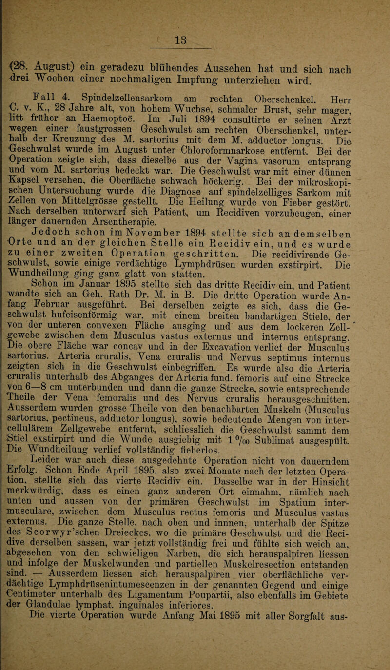 18 {28. August) ein geradezu blühendes Aussehen hat und sich nach drei Wochen einer nochmaligen Impfung unterziehen wird. Fall 4. Spindelzellensarkom am rechten Oberschenkel. Herr C. v. K., 28 Jahre alt, von hohem Wüchse, schmaler Brust, sehr mager, litt früher an Haemoptoe. Im Juli 1894 consultirte er seinen Arzt wegen einer faustgrossen Geschwulst am rechten Oberschenkel, unter¬ halb der Kreuzung des M. sartorius mit dem M. adductor longus. Die Geschwulst wurde im August unter Chloroformnarkose entfernt. Bei der Operation zeigte sich, dass dieselbe aus der Vagina vasorum entsprang und vom M. sartorius bedeckt war. Die Geschwulst war mit einer dünnen Kapsel versehen, die Oberfläche schwach höckerig. Bei der mikroskopi¬ schen Untersuchung wurde die Diagnose auf spindelzelliges Sarkom mit Zellen von Mittelgrösse gestellt. Die Heilung wurde von Fieber gestört. Nach derselben unterwarf sich Patient, um Recidiven vorzubeugen, einer länger dauernden Arsentherapie. Jedoch schon im November 1894 stellte sich an demselben Orte und an der gleichen Stelle ein Recidiv ein, und es wurde zu einer zweiten Operation geschritten. Die recidivirende Ge¬ schwulst, sowie einige verdächtige Lymphdrüsen wurden exstirpirt. Die Wundheilung ging ganz glatt von statten. Schon im Januar 1895 stellte sich das dritte Recidiv ein, und Patient wandte sich an Geh. Rath Dr. M. in B. Die dritte Operation wurde An¬ fang Februar ausgeführt. Bei derselben zeigte es sich, dass die Ge¬ schwulst hufeisenförmig war, mit einem breiten bandartigen Stiele, der von der unteren convexen Fläche ausging und aus dem lockeren Zell-' gewebe zwischen dem Musculus vastus externus und internus entsprang. Die obere Fläche war concav und in der Excavation verlief der Musculus sartorius. Arteria cruralis, Vena cruralis und Nervus septimus internus zeigten sich in die Geschwulst einbegriffen. Es wurde also die Arteria cruralis unterhalb des Abganges der Arteria fund. femoris auf eine Strecke von 6—8 cm unterbunden und dann die ganze Strecke, sowie entsprechende Theile der Vena femoralis und des Nervus cruralis herausgeschnitten. Ausserdem wurden grosse Theile von den benachbarten Muskeln (Musculus sartorius, pectineus, adductor longus), sowie bedeutende Mengen von inter- cellulärem Zellgewebe entfernt, schliesslich die Geschwulst sammt dem Stiel exstirpirt und die Wunde ausgiebig mit 1 °/oo Sublimat ausgespült. Die Wundheilung verlief vollständig fieberlos. Leider war auch diese ausgedehnte Operation nicht von dauerndem Erfolg. Schon Ende April 1895, also zwei Monate nach der letzten Opera¬ tion, stellte sich das vierte Recidiv ein. Dasselbe war in der Hinsicht merkwürdig, dass es einen ganz anderen Ort einnahm, nämlich nach unten und aussen von der primären Geschwulst im Spatium inter- musculare, zwischen dem Musculus rectus femoris und Musculus vastus externus. Die ganze Stelle, nach oben und innnen, unterhalb der Spitze des Scorwyr’schen Dreieckes, wo die primäre Geschwulst und die Reci- dive derselben sassen, war jetzt vollständig frei und fühlte sich weich an, abgesehen von den schwieligen Narben, die sich herauspalpiren Hessen und infolge der Muskelwunden und partiellen Muskelresection entstanden sind. — Ausserdem Hessen sich herauspalpiren vier oberflächliche ver¬ dächtige Lymphdrüsenintumescenzen in der genannten Gegend und einige Centimeter unterhalb des Ligamentum Poupartii, also ebenfalls im Gebiete der Glandulae lymphat. inguinales inferiores. Die vierte Operation wurde Anfang Mai 1895 mit aller Sorgfalt aus-