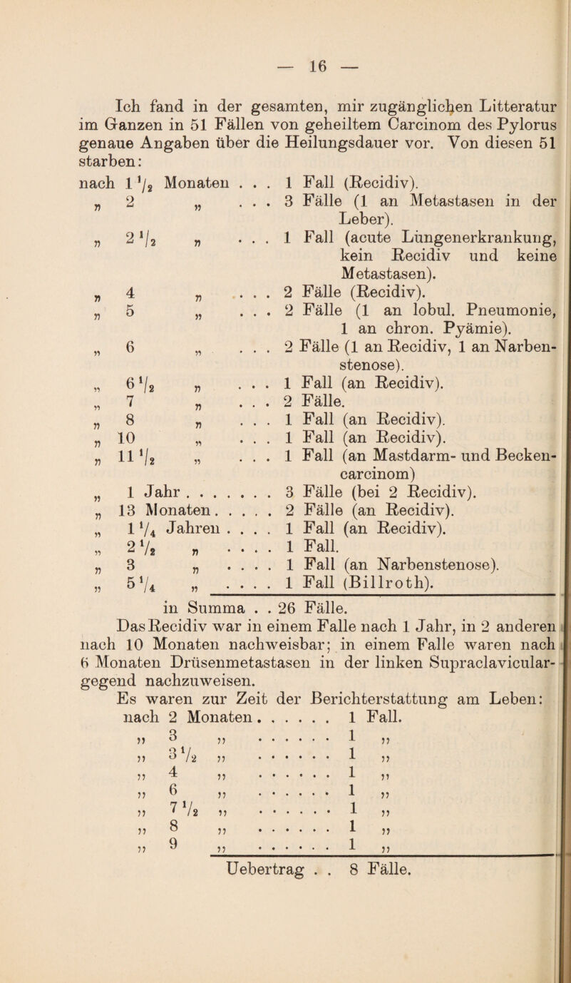 Ich fand in der gesamten, mir zugänglichen Litteratur im Ganzen in 51 Fällen von geheiltem Carcinom des Pylorus genaue Angaben über die Heilungsdauer vor. Von diesen 51 starben: nach i'/, Monaten . . . 1 Fall (Recidiv). n 2 >5 * * * 3 Fälle (1 an Metastasen in der Leber). fl 9 1/  12 fl • • « 1 Fall (acute Lüngenerkrankung, kein Recidiv und keine Metastasen). » 4 fl ... 2 Fälle (Recidiv). fl 5 » * * * 2 Fälle (1 an lobul. Pneumonie, 1 an chron. Pyämie). » 6 fl ... 2 Fälle (1 an Recidiv, 1 an Narben¬ stenose). » 61/* fl 1 Fall (an Recidiv). 7 fl ... 2 Fälle. fl 8 fl ... 1 Fall (an Recidiv). fl 10 fl ... 1 Fall (an Recidiv). fl uv* fl ... 1 Fall (an Mastdarm- und Beeken- carcinom) A 1 Jahr. 3 Fälle (bei 2 Recidiv). fl 13 Monaten. . . . . 2 Fälle (an Recidiv). » l‘/4 Jahren .... 1 Fall (an Recidiv). fl 21/* n .... 1 Fall. fl 8 A .... 1 Fall (an Narbenstenose). » A .... 1 Fall (Billroth). in Summa . . 26 Fälle. Das Recidiv war in einem Falle nach 1 Jahr, in 2 anderen nach 10 Monaten nachweisbar; in einem Falle waren nach 6 Monaten Drüsenmetastasen in der linken Supraclavicular- gegend nachzuweisen. Es waren zur Zeit der Berichterstattung am Leben: nach 2 Monaten.... . . 1 Fall. 3 ,, . . . . . . 1 3 V* ,, . . . . . . 1 V u 4 ,, • • • • . . 1 V V 6 ,, . • . . . . 1 V ft 7 7* ,, . . . . . . 1 V y> 8 5, . . . . . . 1 u 9 ,, • ♦ • • . . 1 >5 Uebertrag . . 8 Fälle.