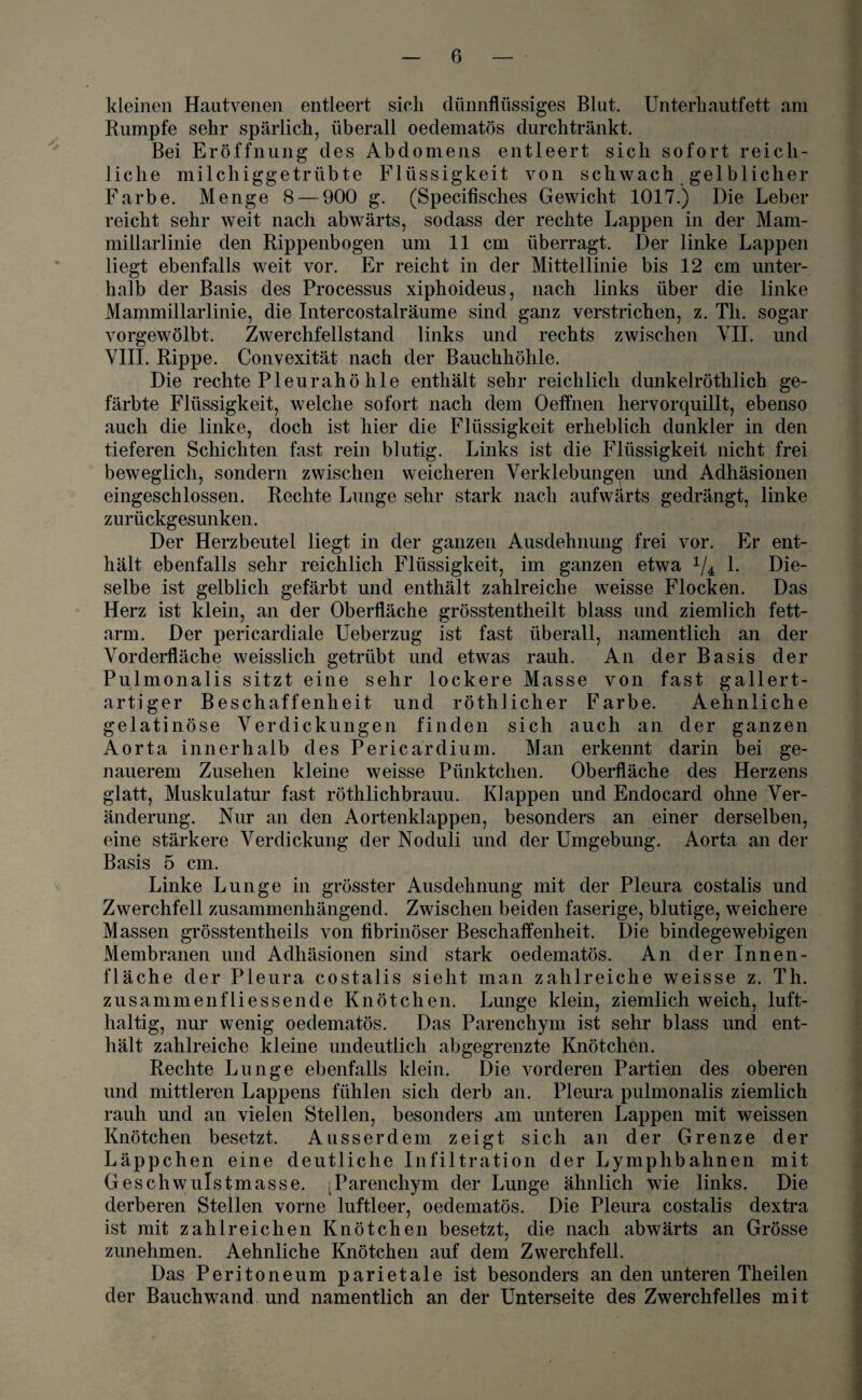 kleinen Hautvenen entleert sieh dünnflüssiges Blut. Unterhautfett am Rumpfe sehr spärlich, überall oedematös durchtränkt. Bei Eröffnung des Abdomens entleert sich sofort reich¬ liche milchiggetrübte Flüssigkeit von schwach gelblicher Farbe. Menge 8 — 900 g. (Specifisches Gewicht 1017.) Die Leber reicht sehr weit nach abwärts, sodass der rechte Lappen in der Mam- millarlinie den Rippenbogen um 11 cm überragt. Der linke Lappen liegt ebenfalls weit vor. Er reicht in der Mittellinie bis 12 cm unter¬ halb der Basis des Processus xiphoideus, nach links über die linke Mammillarlinie, die Intercostalräume sind ganz verstrichen, z. Th. sogar vorgewölbt. Zwerchfellstand links und rechts zwischen VII. und VIII. Rippe. Convexität nach der Bauchhöhle. Die rechte Pleurahö hie enthält sehr reichlich dunkelröthlich ge¬ färbte Flüssigkeit, welche sofort nach dem Oeffnen hervorquillt, ebenso auch die linke, doch ist hier die Flüssigkeit erheblich dunkler in den tieferen Schichten fast rein blutig. Links ist die Flüssigkeit nicht frei beweglich, sondern zwischen weicheren Verklebungen und Adhäsionen eingeschlossen. Rechte Lunge sehr stark nach aufwärts gedrängt, linke zurückgesunken. Der Herzbeutel liegt in der ganzen Ausdehnung frei vor. Er ent¬ hält ebenfalls sehr reichlich Flüssigkeit, im ganzen etwa x/4 1. Die¬ selbe ist gelblich gefärbt und enthält zahlreiche weisse Flocken. Das Herz ist klein, an der Oberfläche grösstentheilt blass und ziemlich fett¬ arm. Der pericardiale Ueberzug ist fast überall, namentlich an der Vorderfläche weisslich getrübt und etwas rauh. An der Basis der Pulmonalis sitzt eine sehr lockere Masse von fast gallert¬ artiger Beschaffenheit und röthlicher Farbe. Aehnliche gelatinöse Verdickungen finden sich auch an der ganzen Aorta innerhalb des Pericardium. Man erkennt darin bei ge¬ nauerem Zusehen kleine weisse Pünktchen. Oberfläche des Herzens glatt, Muskulatur fast röthlichbrauu. Klappen und Endocard ohne Ver¬ änderung. Nur an den Aortenklappen, besonders an einer derselben, eine stärkere Verdickung der Noduli und der Umgebung. Aorta an der Basis 5 cm. Linke Lunge in grösster Ausdehnung mit der Pleura costalis und Zwerchfell zusammenhängend. Zwischen beiden faserige, blutige, weichere Massen grösstentheils von fibrinöser Beschaffenheit. Die bindegewebigen Membranen und Adhäsionen sind stark oedematös. An der Innen¬ fläche der Pleura costalis sieht man zahlreiche weisse z. Th. zusammenf Hessen de Knötchen. Lunge klein, ziemlich weich, luft¬ haltig, nur wenig oedematös. Das Parenchym ist sehr blass und ent¬ hält zahlreiche kleine undeutlich abgegrenzte Knötchen. Rechte Lunge ebenfalls klein. Die vorderen Partien des oberen und mittleren Lappens fühlen sich derb an. Pleura pulmonalis ziemlich rauh und an vielen Stellen, besonders am unteren Lappen mit weissen Knötchen besetzt. Ausserdem zeigt sich an der Grenze der Läppchen eine deutliche Infiltration der Lymphbahnen mit Geschwulstmasse. (Parenchym der Lunge ähnlich wie links. Die derberen Stellen vorne luftleer, oedematös. Die Pleura costalis dextra ist mit zahlreichen Knötchen besetzt, die nach abwärts an Grösse zunehmen. Aehnliche Knötchen auf dem Zwerchfell. Das Peritoneum parietale ist besonders an den unteren Theilen der Bauchwand und namentlich an der Unterseite des Zwerchfelles mit