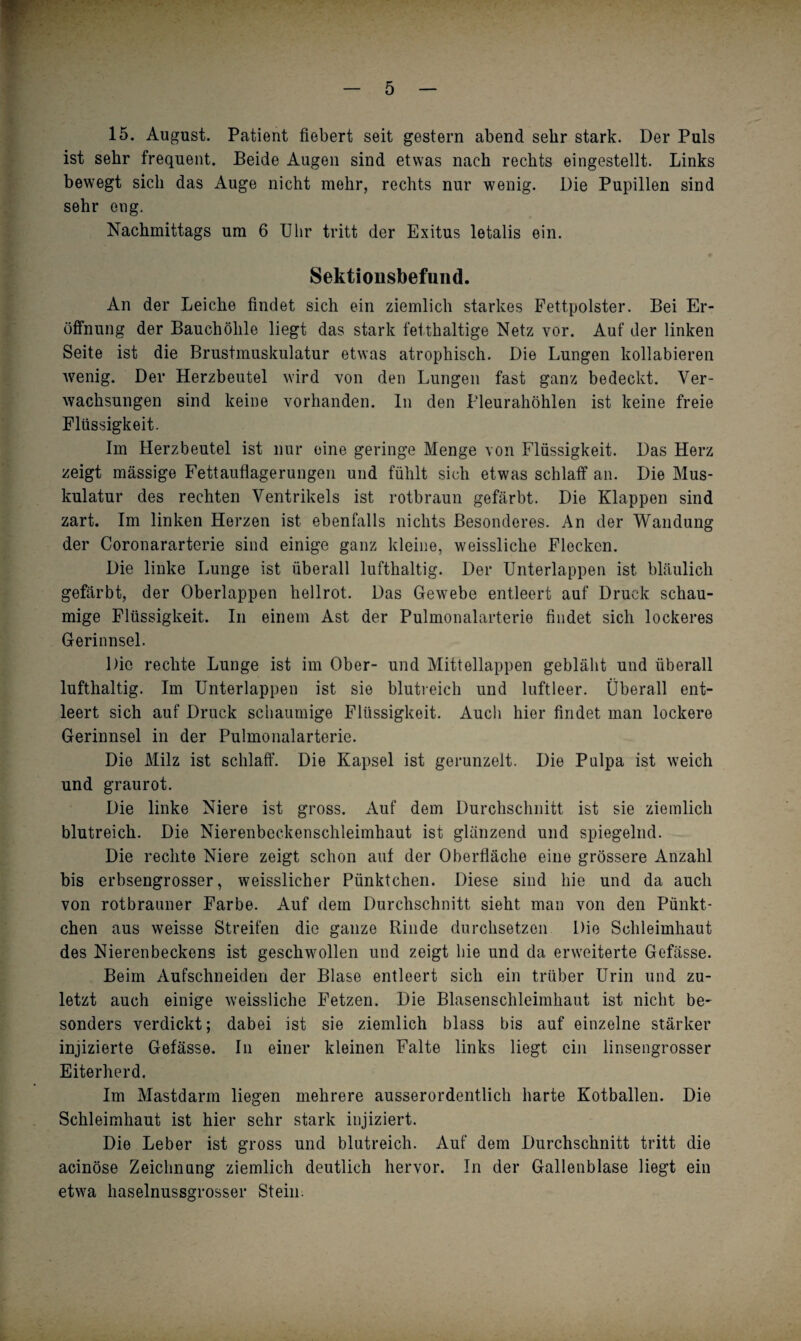 15. August. Patient fiebert seit gestern abend sehr stark. Der Puls ist sehr frequent. Beide Augen sind etwas nach rechts eingestellt. Links bewegt sich das Auge nicht mehr, rechts nur wenig. Die Pupillen sind sehr eng. Nachmittags um 6 Uhr tritt der Exitus letalis ein. Sektionsbefimd. An der Leiche findet sich ein ziemlich starkes Fettpolster. Bei Er¬ öffnung der Bauchölile liegt das stark fetthaltige Netz vor. Auf der linken Seite ist die Brustmuskulatur etwas atrophisch. Die Lungen kollabieren wenig. Der Herzbeutel wird von den Lungen fast ganz bedeckt. Ver¬ wachsungen sind keine vorhanden, ln den Pleurahöhlen ist keine freie Flüssigkeit. Im Herzbeutel ist nur eine geringe Menge von Flüssigkeit. Das Herz zeigt massige Fettauflagerungen und fühlt sich etwas schlaff an. Die Mus¬ kulatur des rechten Ventrikels ist rotbraun gefärbt. Die Klappen sind zart. Im linken Herzen ist ebenfalls nichts Besonderes. An der Wandung der Coronararterie sind einige ganz kleine, weissliche Flecken. Die linke Lunge ist überall lufthaltig. Der Unterlappen ist bläulich gefärbt, der Oberlappen hellrot. Das Gewebe entleert auf Druck schau¬ mige Flüssigkeit. In einem Ast der Pulmonalarterie findet sich lockeres Gerinnsel. Die rechte Lunge ist im Ober- und Mittellappen gebläht und überall lufthaltig. Im Unterlappen ist sie blutreich und luftleer. Überall ent¬ leert sich auf Druck schaumige Flüssigkeit. Auch hier findet man lockere Gerinnsel in der Pulmonalarterie. Die Milz ist schlaff. Die Kapsel ist gerunzelt. Die Pulpa ist weich und graurot. Die linke Niere ist gross. Auf dem Durchschnitt ist sie ziemlich blutreich. Die Nierenbeckenschleimhaut ist glänzend und spiegelnd. Die rechte Niere zeigt schon auf der Oberfläche eine grössere Anzahl bis erbsengrosser, weisslicher Pünktchen. Diese sind hie und da auch von rotbrauner Farbe. Auf dem Durchschnitt sieht man von den Pünkt¬ chen aus weisse Streifen die ganze Rinde durchsetzen Die Schleimhaut des Nierenbeckens ist geschwollen und zeigt hie und da erweiterte Gefässe. Beim Aufschneiden der Blase entleert sich ein trüber Urin und zu¬ letzt auch einige weissliche Fetzen. Die Blasenschleimhaut ist nicht be¬ sonders verdickt; dabei ist sie ziemlich blass bis auf einzelne stärker injizierte Gefässe. In einer kleinen Falte links liegt ein linsengrosser Eiterherd. Im Mastdarm liegen mehrere ausserordentlich harte Kotballen. Die Schleimhaut ist hier sehr stark injiziert. Die Leber ist gross und blutreich. Auf dem Durchschnitt tritt die acinöse Zeichnung ziemlich deutlich hervor. In der Gallenblase liegt ein etwa haselnussgrosser Stein.