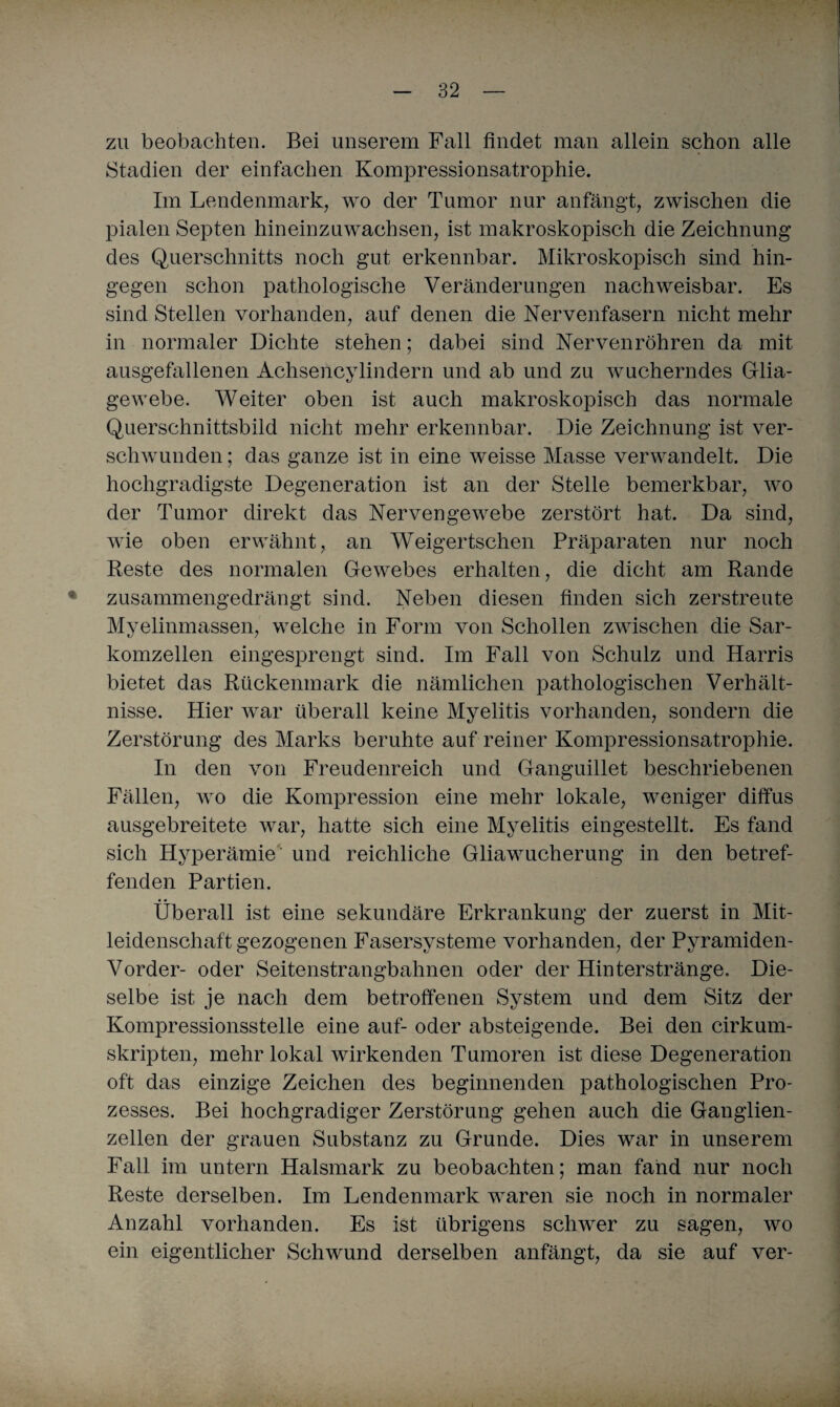 zu beobachten. Bei unserem Fall findet man allein schon alle Stadien der einfachen Kompressionsatrophie. Im Lendenmark, wo der Tumor nur anfängt, zwischen die pialen Septen hineinzuwachsen, ist makroskopisch die Zeichnung des Querschnitts noch gut erkennbar. Mikroskopisch sind hin¬ gegen schon pathologische Veränderungen nachweisbar. Es sind Stellen vorhanden, auf denen die Nervenfasern nicht mehr in normaler Dichte stehen; dabei sind Nervenröhren da mit ausgefallenen Achsencylindern und ab und zu wucherndes Glia- gewebe. Weiter oben ist auch makroskopisch das normale Querschnittsbild nicht mehr erkennbar. Die Zeichnung ist ver¬ schwunden ; das ganze ist in eine weisse Masse verwandelt. Die hochgradigste Degeneration ist an der Stelle bemerkbar, wo der Tumor direkt das Nervengewebe zerstört hat. Da sind, wie oben erwähnt, an Weigertschen Präparaten nur noch Reste des normalen Gewebes erhalten, die dicht am Rande zusammengedrängt sind. Neben diesen finden sich zerstreute Myelinmassen, welche in Form von Schollen zwischen die Sar¬ komzellen eingesprengt sind. Im Fall von Schulz und Harris bietet das Rückenmark die nämlichen pathologischen Verhält¬ nisse. Hier war überall keine Myelitis vorhanden, sondern die Zerstörung des Marks beruhte auf reiner Kompressionsatrophie. In den von Freudenreich und Ganguillet beschriebenen Fällen, wo die Kompression eine mehr lokale, weniger diffus ausgebreitete war, hatte sich eine Myelitis eingestellt. Es fand sich Hyperämie und reichliche Gliawucherung in den betref¬ fenden Partien. Überall ist eine sekundäre Erkrankung der zuerst in Mit¬ leidenschaftgezogenen Fasersysteme vorhanden, der Pyramiden- Vorder- oder Seitenstrangbahnen oder der Hinterstränge. Die¬ selbe ist je nach dem betroffenen System und dem Sitz der Kompressionsstelle eine auf- oder absteigende. Bei den cirkum- skripten, mehr lokal wirkenden Tumoren ist diese Degeneration oft das einzige Zeichen des beginnenden pathologischen Pro¬ zesses. Bei hochgradiger Zerstörung gehen auch die Ganglien¬ zellen der grauen Substanz zu Grunde. Dies war in unserem Fall im untern Halsmark zu beobachten; man fand nur noch Reste derselben. Im Lendenmark waren sie noch in normaler Anzahl vorhanden. Es ist übrigens schwer zu sagen, wo ein eigentlicher Schwund derselben anfängt, da sie auf ver-