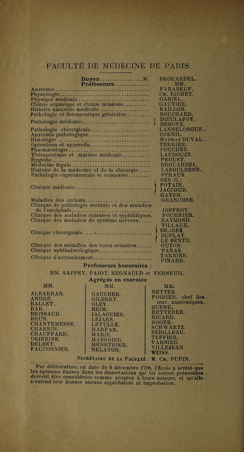 Doyen.M. Professeurs. Anatomie. Physiologie. Physique médicale. Chimie organique et chimie minérale. Histoire naturelle médicale. Pathologie et thérapeutique générales. Pathologie médicale. Pathologie chirurgicale. Anatomie pathologique. Histologie... Opérations et appareils. Pharmacologie. Thérapeutique et matière médicale. Hygiène. Médecine légale. Histoire de 1a médecine et de la chirurgie...., Pathologie expérimentale et comparée.. Clinique médicale. Maladies des enfants. Clinique de pathologie mentale et des maladies de l’encéphale;.. Clinique des maladies cutanées et syphilitiques. Clinique des maladies du système nerveux. Clinique chirurgicale Clinique des maladies des voies urinaires Clinique ophthalmologique.. Clinique d'accouchement. Professeurs honoraires : BROUARDEL.. MM. FARABEUF. Ch. RICHET. GARIEL. GAUTIER. BAILLON. BOUCHARD. DIEULAFOY. DEBOYE. LANNE LONGUE. CORNIL. Mathias DU VAL. TERRIER. POUCHET. LANDOUZY. PROUST. BROUARDEL. LABOULBÈNE.. STRAUS. SEL (G.) POTÀIN. JACCOUD. HAYEM. GRANCHER. JOFFROY. FOURNIER. RAYMOND. TILLAUX. BEivGER DUPLAY. LE DENTU. GUYON. PANAS. TARNIER. PINARD. MM. SAPPEY MM. ALBARRAN. ANDRÉ. BALLET. BAR. BRISSAUD. BRUN. CHANTEMESSE. CHARRIN. CHAUFFARD. DEJERINE. DELBET. FAUCONNIER. PAJOT, REGNAULD Agrégés en exercic MM. GAUCHER. GILBERT. GLEY. HEIM. JALAGUIER. LEJARS. LETULLE. MARFAN. MARIE. MAYGRIER. MENETRIER. NELATON. et VERNEUIL. MM. NETTER. POIRIER, chef des trav. anatomiques. QUENU. RETTERER. RICARD. ROGER. SCHWARTZ. SEBILLEAU. TUFF1ER. VARNIER. VILLEJEAN. WEISS. Secrétaire de la Faculté : M. Ch. PUPIN. Par délibération, en date dn 9 décembre 1798, l’Ecole a arrêté que les opinions émises dans les dissertations qui lui seront présentées doivent etre considérées comme propres à leurs auteurs, et qu’elle n entend leur donner aucune approbation ni improbation.