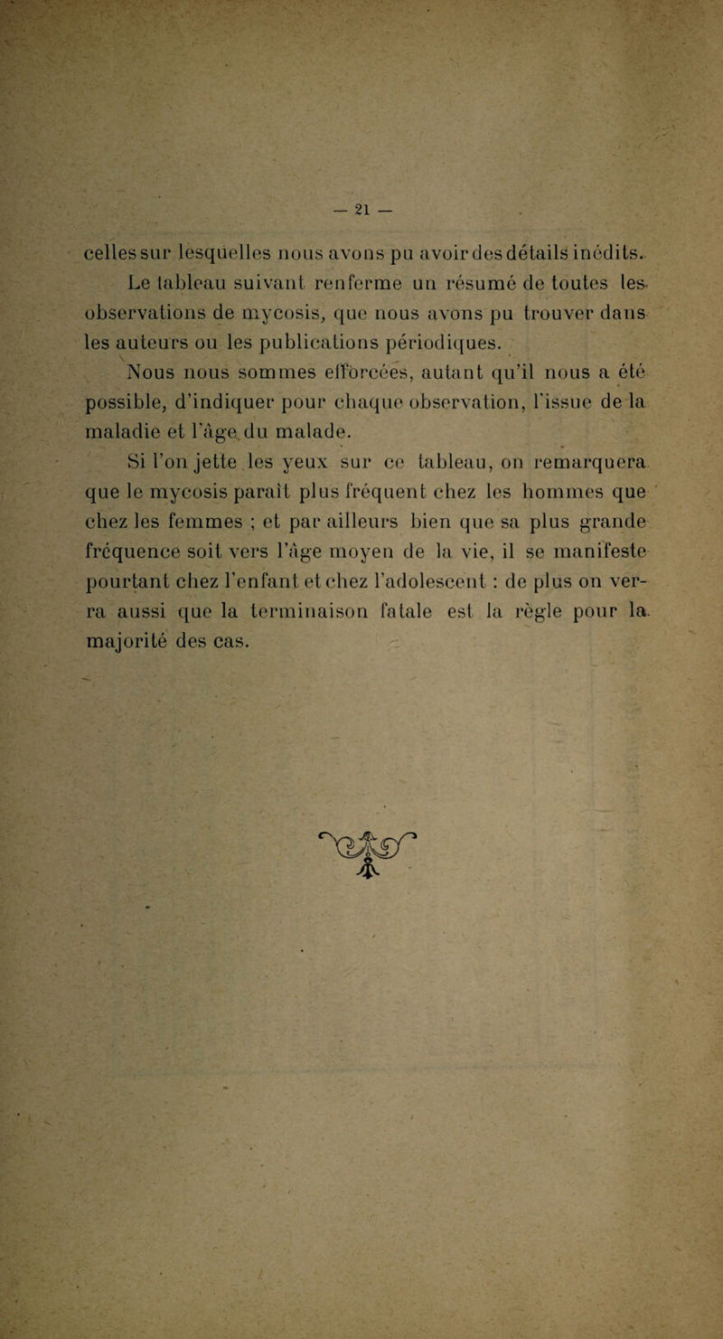 - v. -■ celles sur lesquelles nous avons pu avoir des détails inédits. Le tableau suivant renferme un résumé de toutes les observations de mycosis, que nous avons pu trouver dans les auteurs ou les publications périodiques. Nous nous sommes efforcées, autant qu’il nous a été possible, d’indiquer pour chaque observation, l’issue de la maladie et l’âge.du malade. Si l’on jette les yeux sur ce tableau, on remarquera que le mycosis parait plus fréquent chez les hommes que chez les femmes ; et par ailleurs bien que sa plus grande fréquence soit vers l’âge moyen de la vie, il se manifeste pourtant chez l’enfant et chez l’adolescent : de plus on ver¬ ra aussi que la terminaison fatale est la règle pour la- majorité des cas.