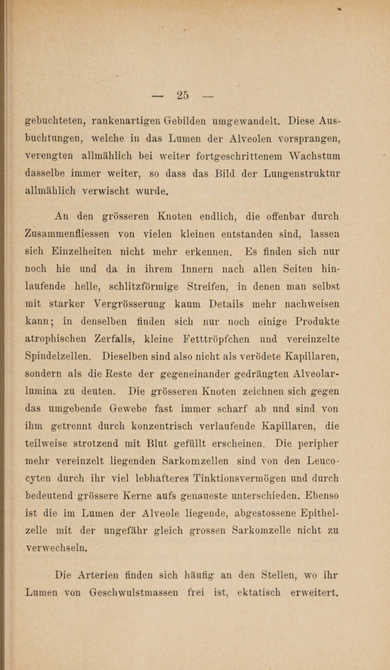 gebuchteten, rankenartigen Gebilden umgewandelt. Diese Aus¬ buchtungen, welche in das Lumen der Alveolen vorsprangen, verengten allmählich bei weiter fortgeschrittenem Wachstum dasselbe immer weiter, so dass das Bild der Lungenstruktur allmählich verwischt wurde. An den grösseren Knoten endlich, die offenbar durch Zusammenfliessen von vielen kleinen entstanden sind, lassen sich Einzelheiten nicht mehr erkennen. Es finden sich nur noch hie und da in ihrem Innern nach allen Seiten hin¬ laufende helle, schlitzförmige Streifen, in denen man selbst mit starker Vergrösserung kaum Details mehr nach weisen kann; in denselben finden sich nur noch einige Produkte atrophischen Zerfalls, kleine Fetttröpfchen und vereinzelte Spindelzellen. Dieselben sind also nicht als verödete Kapillaren, sondern als die Reste der gegeneinander gedrängten Alveolar¬ lumina zu deuten. Die grösseren Knoten zeichnen sich gegen das umgebende Gewebe fast immer scharf ab und sind von ihm getrennt durch konzentrisch verlaufende Kapillaren, die teilweise strotzend mit Blut gefüllt erscheinen. Die peripher mehr vereinzelt liegenden Sarkomzellen sind von den Leuco- cyten durch ihr viel lebhafteres Tinktionsvermögen und durch bedeutend grössere Kerne aufs genaueste unterschieden. Ebenso ist die im Lumen der Alveole liegende, abgestossene Epithel¬ zelle mit der ungefähr gleich grossen Sarkomzelle nicht zu verwechseln. Die Arterien finden sich häufig an den Stellen, wo ihr Lumen von Geschwulstmassen frei ist, ektatisch erweitert.