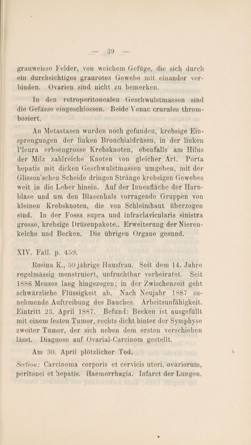 grauweisso Felder, von weichem Gefüge, die »sich durch ein durchsichtiges graurotes Gewebe mit einander ver¬ binden. Ovarien sind nicht zu bemerken. In den retroperitonealen Geschwulstmassen sind die Gebisse eingeschlossen. Beide Venac crurales throm- bosiert. An Metastasen wurden noch gefunden, krebsige Ein¬ sprengungen der linken Bronchialdrüsen, in der linken Pleura erbsengrosse Krebsknoten, ebenfalls am Hilus der Milz zahlreiche Knoten von gleicher Art. Porta hepatis mit dicken Geschwulstmassen umgeben, mit der Glisson’schen Scheide dringen Stränge krebsigen Gewebes weit in die Leber hinein. Auf der Innenfläche der Harn¬ blase und um den Blasenhals vorragende Gruppen von kleinen Krebsknoten, die von Schleimhaut überzogen sind. In der Fossa supra und infraclavicularis sinistra grosse, krebsige Drüsenpakete.. Erweiterung der Nieren¬ kelche und Becken. Die übrigen Organe gesund. XIV. Fall. p. 459. Rosina K., 50 jährige Hausfrau. Seit dem 14. Jahre regelmässig menstruiert, unfruchtbar verheiratet. Seit 1886 Menses lang hingezogen; in der Zwischenzeit geht schwärzliche Flüssigkeit ab. Nach Neujahr 1887 zu¬ nehmende Auftreibung des Bauches. Arbeitsunfähigkeit. Eintritt 23. April 1887. Befund: Becken ist ausgefüllt mit einem festen Tumor, rechts dicht hinter der Symphyse zweiter Tumor, der sich neben dem ersten verschieben lässt. Diagnose auf Ovarial-Carcinom gestellt. Am 30. April plötzlicher Tod. Sectioh; Carcinoma corporis et cervicis uteri, ovariorum, peritonei et hepatis. Haemorrhagia. Infarct der Lungen.