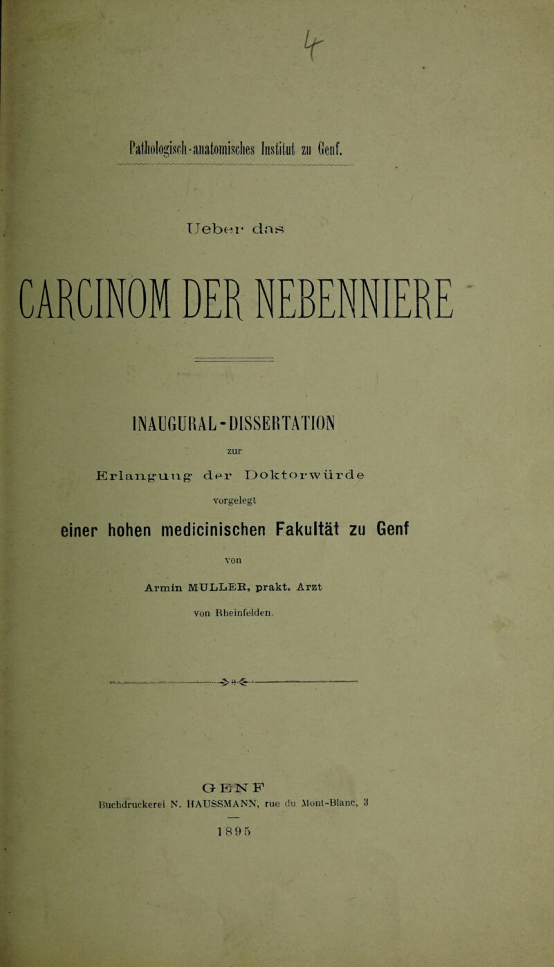 lieber* das CARCINOM DER NEBENN H INADGÜRAL- DISSERTATION zur Er lang* ring1 der Doktorwürde vorgelegt einer hohen medicinischen Fakultät zu Genf Armin MÜLLER, prakt. Arzt von Rheinfelden. C*E NF Büchdruckerei N. HAtlSSMANN, rue du Mont-Blanc, 3 1 8 9 5