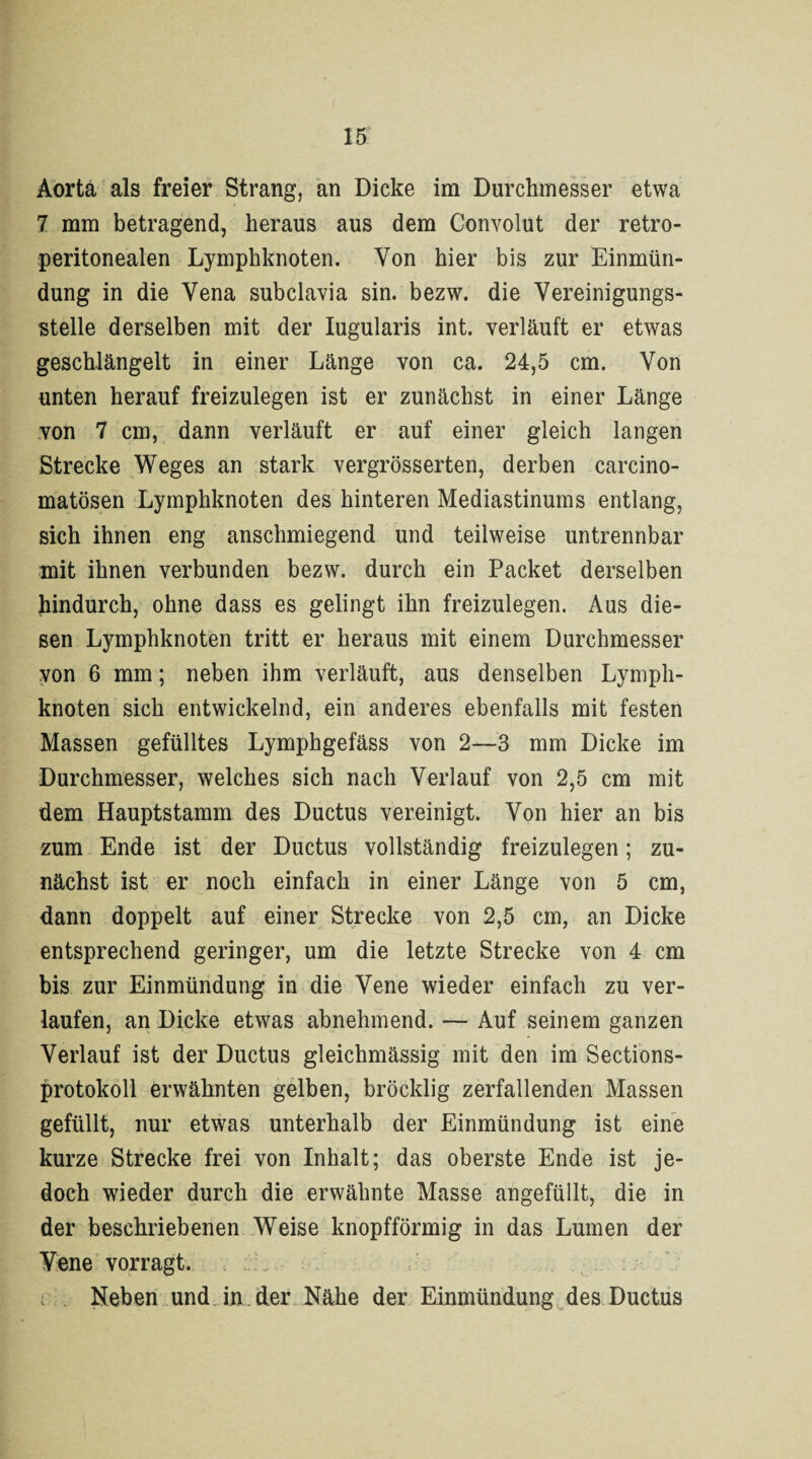 Aorta als freier Strang, an Dicke im Durchmesser etwa 7 mm betragend, heraus aus dem Convolut der retro- peritonealen Lymphknoten. Von hier bis zur Einmün¬ dung in die Vena subclavia sin. bezw. die Vereinigungs¬ stelle derselben mit der Iugularis int. verläuft er etwas geschlängelt in einer Länge von ca. 24,5 cm. Von unten herauf freizulegen ist er zunächst in einer Länge von 7 cm, dann verläuft er auf einer gleich langen Strecke Weges an stark vergrösserten, derben carcino- matösen Lymphknoten des hinteren Mediastinums entlang, sich ihnen eng anschmiegend und teilweise untrennbar mit ihnen verbunden bezw. durch ein Packet derselben hindurch, ohne dass es gelingt ihn freizulegen. Aus die¬ sen Lymphknoten tritt er heraus mit einem Durchmesser von 6 mm; neben ihm verläuft, aus denselben Lymph¬ knoten sich entwickelnd, ein anderes ebenfalls mit festen Massen gefülltes Lymphgefäss von 2—3 mm Dicke im Durchmesser, welches sich nach Verlauf von 2,5 cm mit dem Hauptstamm des Ductus vereinigt. Von hier an bis zum Ende ist der Ductus vollständig freizulegen; zu¬ nächst ist er noch einfach in einer Länge von 5 cm, dann doppelt auf einer Strecke von 2,5 cm, an Dicke entsprechend geringer, um die letzte Strecke von 4 cm bis zur Einmündung in die Vene wieder einfach zu ver¬ laufen, an Dicke etwas abnehmend. — Auf seinem ganzen Verlauf ist der Ductus gleichmässig mit den im Sections- protokoll erwähnten gelben, bröcklig zerfallenden Massen gefüllt, nur etwas unterhalb der Einmündung ist eine kurze Strecke frei von Inhalt; das oberste Ende ist je¬ doch wieder durch die erwähnte Masse angefüllt, die in der beschriebenen Weise knopfförmig in das Lumen der Vene vorragt. Neben und in der Nähe der Einmündung des Ductus