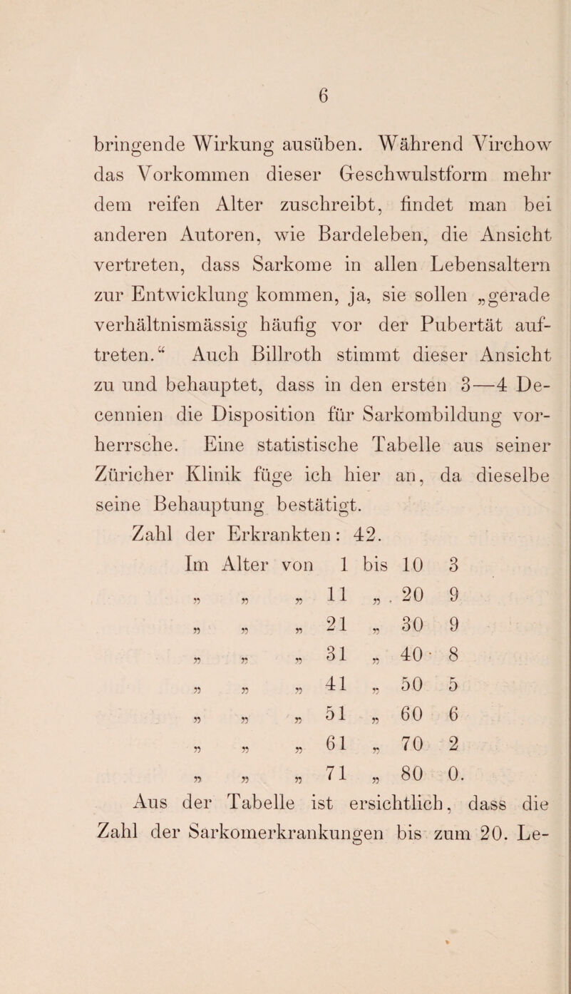 bringende Wirkung ausüben. Während Virchow das Vorkommen dieser Geschwulstform mehr dem reifen Alter zuschreibt, findet man bei anderen Autoren, wie Bardeleben, die Ansicht vertreten, dass Sarkome in allen Lebensaltern zur Entwicklung kommen, ja, sie sollen „gerade verhältnismässig häufig vor der Pubertät auf- treten.“ Auch Billroth stimmt dieser Ansicht zu und behauptet, dass in den ersten 3—4 De- cennien die Disposition für Sarkombildung vor¬ herrsche. Eine statistische Tabelle aus seiner Züricher Klinik füge ich hier an, da dieselbe seine Behauptung bestätigt. Zahl der Erkrankten: 42. Im Alter von 1 bis 10 3 77 ?? 77 11 77 • 20 9 77 77 77 21 77 30 9 77 77 n 31 77 40- 8 77 77 n 41 77 50 5 77 77 n 51 77 60 6 77 77 77 61 77 70 2 r>. 77 77 71 77 80 0 Aus der Tabelle ist ersichtlich, dass die Zahl der Sarkomerkrankungen bis zum 20. Le- ♦