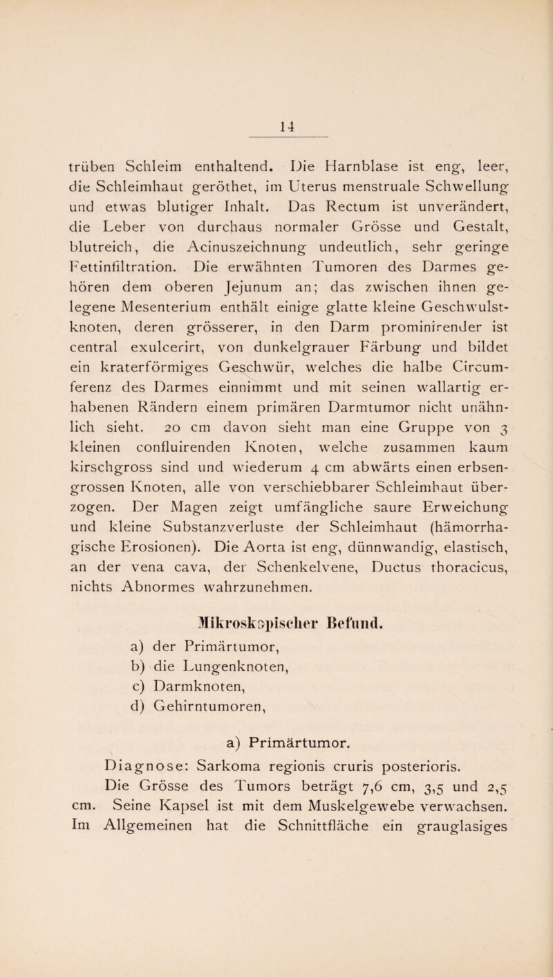 trüben Schleim enthaltend. Die Harnblase ist eng, leer, die Schleimhaut geröthet, im Uterus menstruale Schwellung und etwas blutiger Inhalt. Das Rectum ist unverändert, die Leber von durchaus normaler Grösse und Gestalt, blutreich, die Acinuszeichnung undeutlich, sehr geringe Fettinfiltration. Die erwähnten Tumoren des Darmes ge¬ hören dem oberen Jejunum an; das zwischen ihnen ge¬ legene Mesenterium enthält einige glatte kleine Geschwulst¬ knoten, deren grösserer, in den Darm prominirender ist central exulcerirt, von dunkelgrauer Färbung und bildet ein kraterförmiges Geschwür, welches die halbe Circum- ferenz des Darmes einnimmt und mit seinen wallartig er¬ habenen Rändern einem primären Darmtumor nicht unähn¬ lich sieht. 20 cm davon sieht man eine Gruppe von 3 kleinen confluirenden Knoten, welche zusammen kaum kirschgross sind und wiederum 4 cm abwärts einen erbsen¬ grossen Knoten, alle von verschiebbarer Schleimhaut über¬ zogen. Der Magen zeigt umfängliche saure Erweichung und kleine Substanzverluste der Schleimhaut (hämorrha¬ gische Erosionen). Die Aorta ist eng, dünnwandig, elastisch, an der vena cava, der Schenkelvene, Ductus thoracicus, nichts Abnormes wahrzunehmen. Mikroskopischer Befund. a) der Primärtumor, b) die Lungenknoten, c) Darmknoten, d) Gehirntumoren, a) Primärtumor. Diagnose: Sarkoma regionis cruris posterioris. Die Grösse des Tumors beträgt 7,6 cm, 3,5 und 2,5 cm. vSeine Kapsel ist mit dem Muskelgewebe verwachsen. Im Allgemeinen hat die Schnittfläche ein grauglasiges