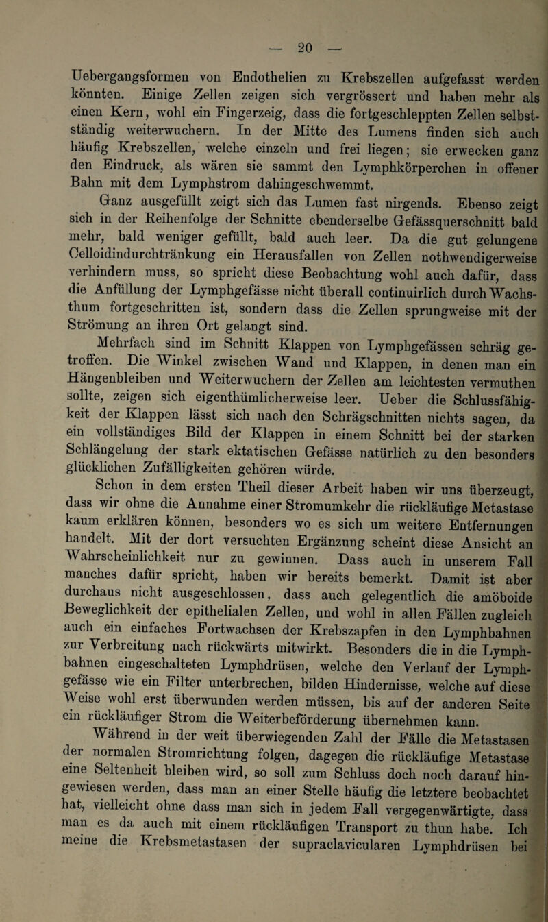 Uebergangsformen von Endothelien zu Krebszellen aufgefasst werden könnten. Einige Zellen zeigen sich vergrössert und haben mehr als einen Kern, wolil ein Fingerzeig, dass die fortgeschleppten Zellen selbst¬ ständig weiterwuchern. In der Mitte des Lumens finden sich auch häufig Krebszellen, welche einzeln und frei liegen; sie erwecken ganz den Eindruck, als wären sie sammt den Lymphkörperchen in offener Bahn mit dem Lymphstrom dahingeschwemmt. Ganz ausgefüllt zeigt sich das Lumen fast nirgends. Ebenso zeigt sich in der Reihenfolge der Schnitte ebenderselbe Gefässquerschnitt bald mehr, bald weniger gefüllt, bald auch leer. Da die gut gelungene Celloidindurchtränkung ein Herausfallen von Zellen nothwendigerweise verhindern muss, so spricht diese Beobachtung wohl auch dafür, dass die Anfüllung der Lymphgefässe nicht überall continuirlich durch Wachs¬ thum fortgeschritten ist, sondern dass die Zellen sprungweise mit der Strömung an ihren Ort gelangt sind. Mehrfach sind im Schnitt Klappen von Lymphgefässen schräg ge¬ troffen. Die Winkel zwischen Wand und Klappen, in denen man ein Hängenbleiben und Weiterwuchern der Zellen am leichtesten vermuthen sollte, zeigen sich eigenthümlicherweise leer. Ueber die Schlussfähig¬ keit der Klappen lässt sich nach den Schrägschnitten nichts sagen, da ein vollständiges Bild der Klappen in einem Schnitt bei der starken Schlängelung der stark ektatischen Gefässe natürlich zu den besonders glücklichen Zufälligkeiten gehören würde. Schon in dem ersten Theil dieser Arbeit haben wir uns überzeugt, dass wir ohne die Annahme einer Stromumkehr die rückläufige Metastase kaum erklären können, besonders wo es sich um weitere Entfernungen handelt. Mit der dort versuchten Ergänzung scheint diese Ansicht an Wahrscheinlichkeit nur zu gewinnen. Dass auch in unserem Fall manches dafür spricht, haben wir bereits bemerkt. Damit ist aber durchaus nicht ausgeschlossen, dass auch gelegentlich die amöboide Beweglichkeit der epithelialen Zellen, und wohl in allen Fällen zugleich auch ein einfaches Fortwachsen der Krebszapfen in den Lymphbahnen zur Verbreitung nach rückwärts mitwirkt. Besonders die in die Lymph- balmen eingeschalteten Lymphdrüsen, welche den Verlauf der Lymph¬ gefässe wie ein Filter unterbrechen, bilden Hindernisse, welche auf diese Weise wohl erst überwunden werden müssen, bis auf der anderen Seite ein rückläufiger Strom die Weiterbeförderung übernehmen kann. Während in der weit überwiegenden Zahl der Fälle die Metastasen der normalen Stromrichtung folgen, dagegen die rückläufige Metastase eine Seltenheit bleiben wird, so soll zum Schluss doch noch darauf hin¬ ge »viesen werden, dass man an einer Stelle häufig die letztere beobachtet hat, vielleicht ohne dass man sich in jedem Fall vergegenwärtigte, dass man es da auch mit einem rückläufigen Transport zu thun habe. Ich meine die Krebsmetastasen der supraclavicularen Lymphdrüsen bei