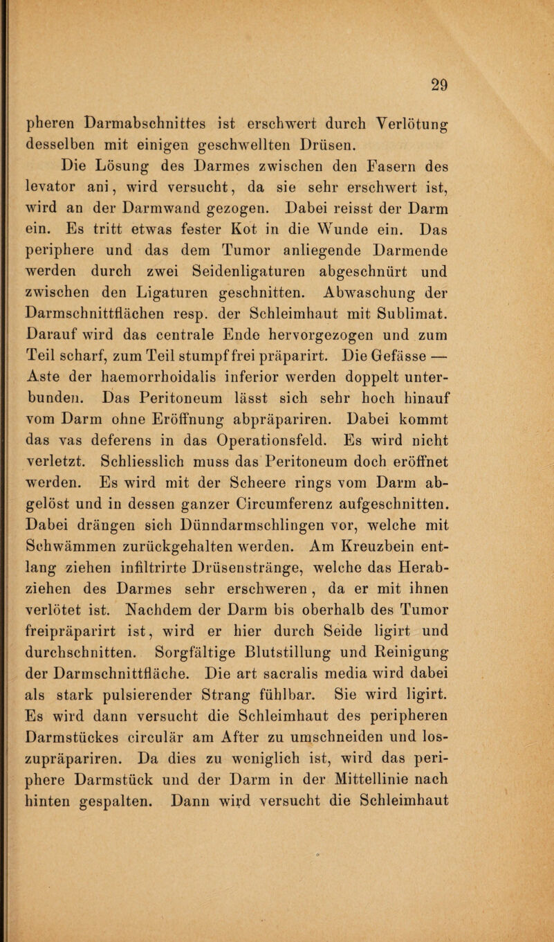 pheren Darmabschnittes ist erschwert durch Verlötung desselben mit einigen geschwellten Drüsen. Die Lösung des Darmes zwischen den Fasern des levator ani, wird versucht, da sie sehr erschwert ist, wird an der Darmwand gezogen. Dabei reisst der Darm ein. Es tritt etwas fester Kot in die Wunde ein. Das periphere und das dem Tumor anliegende Darmende werden durch zwei Seidenligaturen abgeschnürt und zwischen den Ligaturen geschnitten. Abwaschung der Darmschnittflächen resp. der Schleimhaut mit Sublimat. Darauf wird das centrale Ende hervorgezogen und zum Teil scharf, zum Teil stumpf frei präparirt. Die Gefässe — Aste der haemorrhoidalis inferior werden doppelt unter¬ bunden. Das Peritoneum lässt sich sehr hoch hinauf vom Darm ohne Eröffnung abpräpariren. Dabei kommt das vas deferens in das Operationsfeld. Es wird nicht verletzt. Schliesslich muss das Peritoneum doch eröffnet werden. Es wird mit der Scheere rings vom Darm ab¬ gelöst und in dessen ganzer Circumferenz aufgeschnitten. Dabei drängen sich Dünndarmschlingen vor, welche mit Schwämmen zurückgehalten werden. Am Kreuzbein ent¬ lang ziehen infiltrirte Drüsenstränge, welche das Herab¬ ziehen des Darmes sehr erschweren , da er mit ihnen verlötet ist. Nachdem der Darm bis oberhalb des Tumor freipräparirt ist, wird er hier durch Seide ligirt und durchschnitten. Sorgfältige Blutstillung und Reinigung der Darmschnittfläche. Die art sacralis media wird dabei als stark pulsierender Strang fühlbar. Sie wird ligirt. Es wird dann versucht die Schleimhaut des peripheren Darmstückes circulär am After zu umschneiden und los- zupräpariren. Da dies zu weniglich ist, wird das peri¬ phere Darmstück und der Darm in der Mittellinie nach hinten gespalten. Dann wird versucht die Schleimhaut