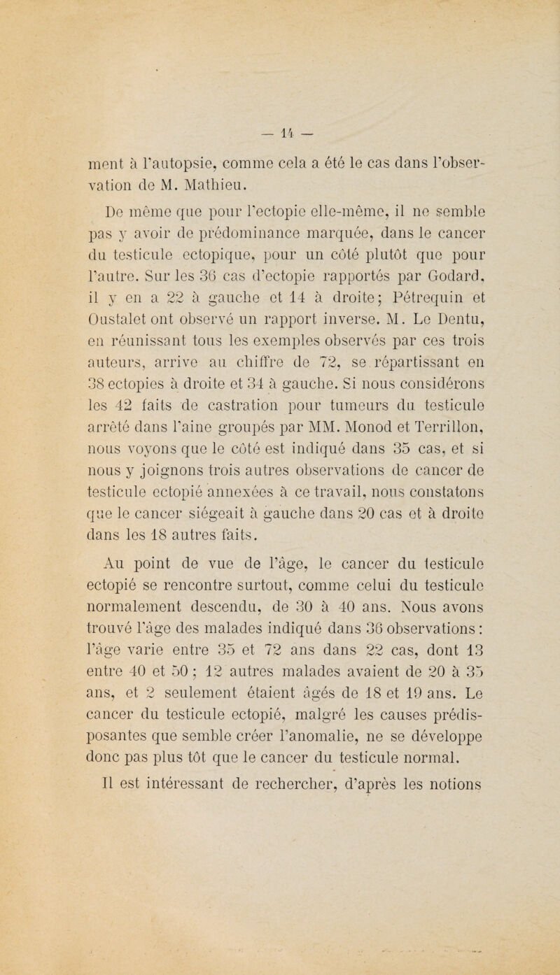 ment à l’autopsie, comme cela a été le cas clans l’obser¬ vation de M. Mathieu. De même cpie pour l’ectopie elle-même, il ne semble pas y avoir de prédominance marquée, dans le cancer du testicule ectopique, pour un côté plutôt que pour l’autre. Sur les 36 cas d’ectopie rapportés par Godard, il y en a 22 à gauche et 14 à droite; Pétrequin et Oustalet ont observé un rapport inverse. M. Le Dentu, en réunissant tous les exemples observés par ces trois auteurs, arrive au chiffre de 72, se. répartissant en 38 ectopies à droite et 34 à gauche. Si nous considérons les 42 faits de castration pour tumeurs du testicule arrêté dans l'aine groupés par MM. Monod et Terrillon, nous voyons que le côté est indiqué dans 35 cas, et si nous y joignons trois autres observations de cancer de testicule ectopié annexées à ce travail, nous constatons que le cancer siégeait à gauche dans 20 cas et à droite dans les 18 autres faits. Au point de vue de l’âge, le cancer du testicule ectopié se rencontre surtout, comme celui du testicule normalement descendu, de 30 à 40 ans. Nous avons trouvé l'âge des malades indiqué dans 36 observations : l’âge varie entre 35 et 72 ans dans 22 cas, dont 13 entre 40 et 50 ; 12 autres malades avaient de 20 à 35 ans, et 2 seulement étaient âgés de 18 et 19 ans. Le cancer du testicule ectopié, malgré les causes prédis¬ posantes que semble créer l’anomalie, ne se développe donc pas plus tôt que le cancer du testicule normal. Il est intéressant de rechercher, d’après les notions