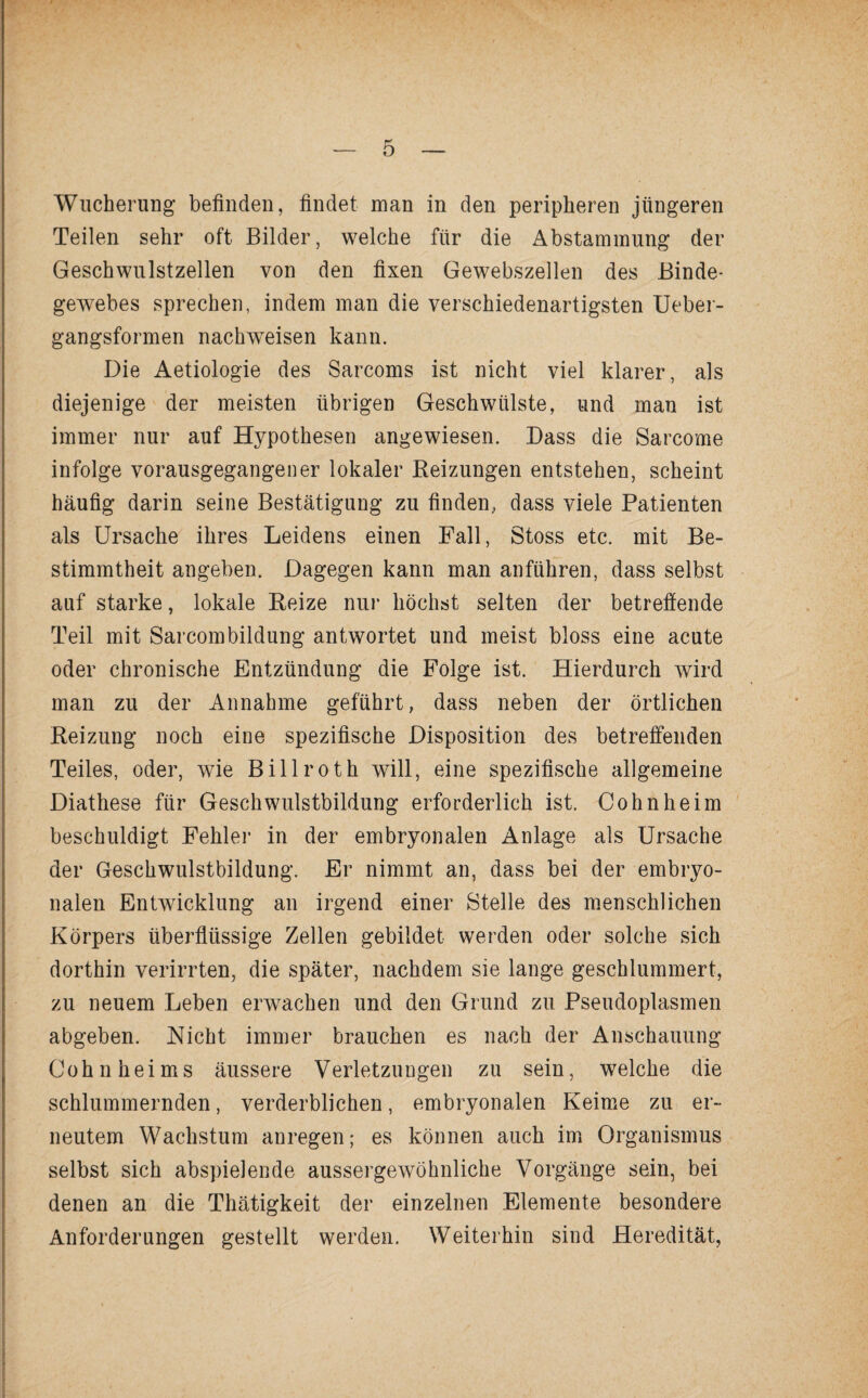 Wucherung befinden, findet man in den peripheren jüngeren Teilen sehr oft Bilder, welche für die Abstammung der Geschwulstzellen von den fixen Gewebszellen des Binde¬ gewebes sprechen, indem man die verschiedenartigsten Ueber- gangsformen nachweisen kann. Die Aetiologie des Sarcoms ist nicht viel klarer, als diejenige der meisten übrigen Geschwülste, und man ist immer nur auf Hypothesen angewiesen. Dass die Sarcome infolge vorausgegangener lokaler Beizungen entstehen, scheint häufig darin seine Bestätigung zu finden, dass viele Patienten als Ursache ihres Leidens einen Fall, Stoss etc. mit Be¬ stimmtheit angeben. Dagegen kann man anführen, dass selbst auf starke, lokale Beize nur höchst selten der betreffende Teil mit Sarcombildung antwortet und meist bloss eine acute oder chronische Entzündung die Folge ist. Hierdurch wird man zu der Annahme geführt, dass neben der örtlichen Beizung noch eine spezifische Disposition des betreffenden Teiles, oder, wie Billroth will, eine spezifische allgemeine Diathese für Geschwulstbildung erforderlich ist. Cohn heim beschuldigt Fehler in der embryonalen Anlage als Ursache der Geschwulstbildung. Er nimmt an, dass bei der embryo¬ nalen Entwicklung an irgend einer Stelle des menschlichen Körpers überflüssige Zellen gebildet werden oder solche sich dorthin verirrten, die später, nachdem sie lange geschlummert, zu neuem Leben erwachen und den Grund zu Pseudoplasmen abgeben. Nicht immer brauchen es nach der Anschauung Cohn hei ms äussere Verletzungen zu sein, welche die schlummernden, verderblichen, embryonalen Keime zu er¬ neutem Wachstum anregen; es können auch im Organismus selbst sich abspielende aussergewöhnliche Vorgänge sein, bei denen an die Thätigkeit der einzelnen Elemente besondere Anforderungen gestellt werden. Weiterhin sind Heredität,