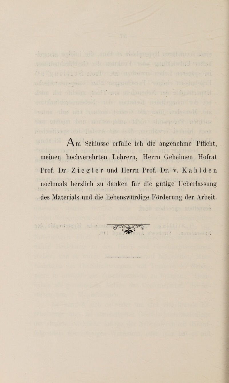 Am Schlüsse erfülle ich die angenehme Pflicht, meinen hochverehrten Lehrern, Herrn Geheimen Hofrat Prof. Dr. Ziegler und Herrn Prof. Dr. v. Kahl.de n nochmals herzlich zu danken für die gütige Ueberlassung des Materials und die liebenswürdige Förderung der Arbeit.