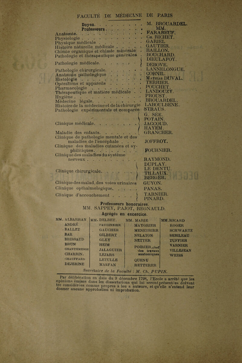 Doyen. . . . Professeurs. . Anatomie.• Physiologie. Physique médicale . . . Histoire naturelle médicale • • - - Chimie organique et chimie minérale Pathologie et thérapeutique générales Pathologie médicale. . Pathologie, chirurgicale. Anatomie pathologique Histologie ..... Opérations et appareils Pharmacologie , . * Thérapeutique et matière Hygiène. Médecine légale. médicale M. BROUARDEL. MM. FARABEUF. Ch. RICHET. GARIEL GAUTIER. BAILLON. BOUCHARD. DIEULAFOY. DEBOVE. LANNELONGUE. CORNIL. Mathias DUVAL. TERRIER. POUCHET. LANDOUZY. PROUST. BROUARDEL. Medecme iegaie.• Histoire de la médecine et de la chirurgie LABOULBENE. Pathologie expérimentale et comparée STRAUS. ( G. SÉE. \ POTAIN. Clinique médicale., . . < JACCOUD. / HAYEM. Maladie des enfants.GRANCHER. Clinique de pathologie mentale et des maladies de l’encéphale . . . Clinique des maladies cutanées et sy¬ philitiques. FOURNIER. Clinique des maladies du système nerveux.. . . RAYMOND. JOFFROY. Clinique chirurgicale. Clinique des malad. des voies urinaires Clinique opthalmologique. . . . Clinique d’accouchement .... DUPLAY. LE DENTU. TILLAUX. BERGER. GUYON. PANAS. TARNIER. PINARD. Professeurs honoraires. MM. SAPPEY, PAJOT, REGNAULD. Agrégés en excercice. MM.ALBARRAN MM. DELBET. MM. MARIE ANDRÉ FAUCONNIER MAYGRIER BALLET GAUCHER MENETRIER BAR GILBERT NELATON BRISSAUD GLEY NETTER BRUN HEIM POIRIER, chef des travaux CHANTEMESSE JALAGUIER CHARRIN. LEJARS anatomiques chauffard LETULLE QUENU DEJERINE MARFAN RETTERER MM.RICARD ROGER SCHWARTZ SEBILEAU TUFFIER YARNIER VILLEJEAN WEISS Secrétaire de la Faculté : M. Ch. P U PIN. Pai délibération en date du 9 décembre 1798, l’Ecole a arrêté que les opinions emises dans les dissertations qui lui seront présentées doivenl tre considérées comme propres à leu s auteurs, et qu’elle n’entend leur donner aucune approbation ni improbation.