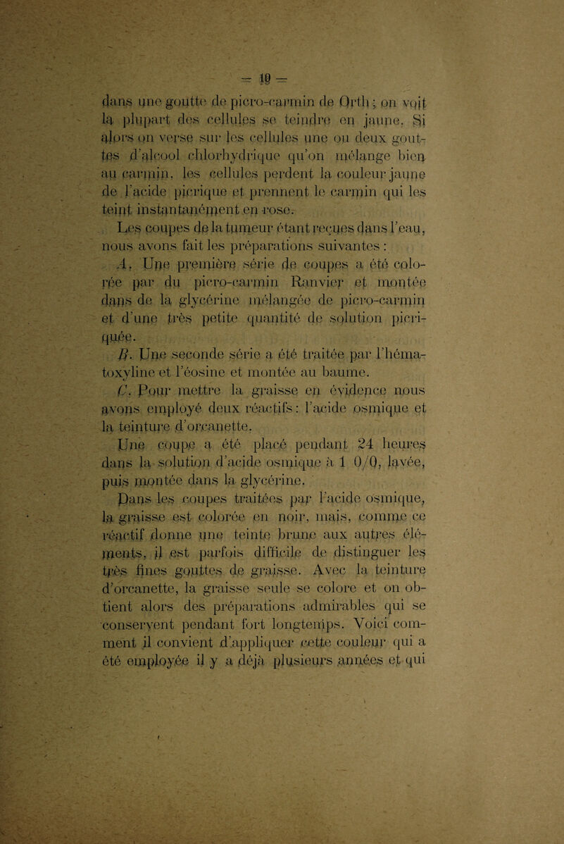 dans une goutte de picro-carmin de Qrtli ; on voit la plupart des cellules se teindre en jaune. Si alors on verse sur les cellules une ou deux gout¬ tes d’alcool chlorhydrique qu’on mélange bien, au carmin, les cellules perdent la couleur jaune de h acide picrique et prennent le carmin qui les teint instantanément en rose. Les coupes delà tumeur étant reçues dans l’eau, nous avons fait les préparations suivantes : A. Une première série de coupes a été colo¬ rée par du picro-carmin Ranvier et montée dan>s de la glycérine mélangée de piero-carmin et d’une très petite quantité de solution picri- quée. fi. Une seconde série a été traitée par l’héma- toxvline et l’éosine et montée au baume. d (J. Pour mettre la graisse en évidence nous avons employé deux réactifs : l’acide osmique et la teinture d’orcanette. Une coupe a été placé pendant 24 heures dans la solution d’acide osmique à 1 0/0, lavée, puis montée dans la glycérine. Pans les coupes traitées par l’acide osmique, la graisse est colorée en noir, mais, comme ce réactif donne une teinte brune aux autres élé¬ ments, il est parfois difficile de distinguer les très fines gouttes de graisse. Avec la teinture d’orcanette, la graisse seule se colore et on ob¬ tient alors des préparations admirables qui se conservent pendant fort longtemps. Voici com¬ ment il convient d’appliquer cette couleur qui a été employée il y a déjà plusieurs années et qui