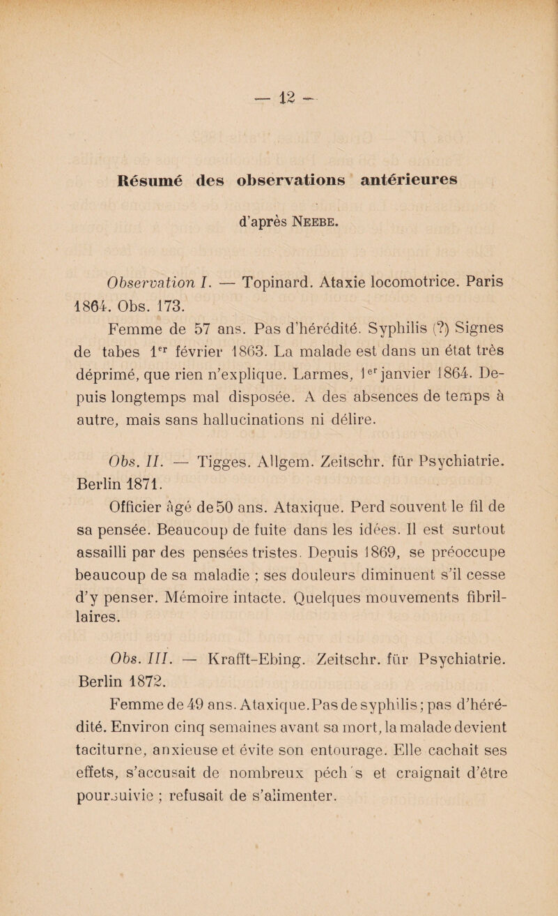 Résumé des observations antérieures d’après Neebe. Observation I. — Topinard. Ataxie locomotrice. Paris 1864. Obs. 173. Femme de 57 ans. Pas d’hérédité. Syphilis (?) Signes de tabes 1er février 1863. La malade est dans un état très déprimé, que rien n’explique. Larmes, 1er janvier 1864. De¬ puis longtemps mal disposée. A des absences de temps à autre, mais sans hallucinations ni délire. Obs. IL — Tigges. Allgem. Zeitschr. für Psychiatrie. Berlin 1871. Officier âgé de 50 ans. Ataxique. Perd souvent le fil de sa pensée. Beaucoup de fuite dans les idées. Il est surtout assailli par des pensées tristes. Depuis 1869, se préoccupe beaucoup de sa maladie ; ses douleurs diminuent s’il cesse d’y penser. Mémoire intacte. Quelques mouvements fibril- laires. Obs. III. — Krafft-Ebing. Zeitschr. für Psychiatrie. Berlin 1872. Femme de 49 ans. Ataxique. Pas de syphilis ; pas d’héré¬ dité. Environ cinq semaines avant sa mort, la malade devient taciturne, anxieuse et évite son entourage. Elle cachait ses effets, s’accusait de nombreux péch's et craignait d’être poursuivie ; refusait de s’alimenter.