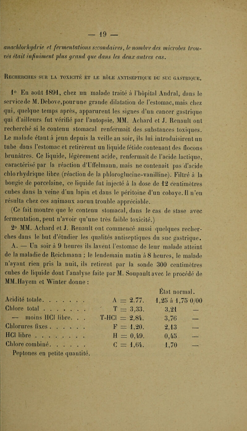 anachlorhydrie et fermentations secondaires, le nombre des microbes trou- vés était infiniment plus grand que dans les deux autres cas. Recherches sur la toxicité et le rôle antiseptique du suc gastrique. 1° En août 1891, chez un malade traité à l’hôpital Andral, dans le service de M. Debove,pour une grande dilatation de l’estomac, mais chez qui, quelque temps après, apparurent les signes d’un cancer gastrique qui d’ailleurs fut vérifié par l’autopsie, MM. Achard et J. Renault ont recherché si le contenu stomacal renfermait des substances toxiques. Le malade étant à jeun depuis la veille au soir, ils lui introduisirent un tube dans l’estomac et retirèrent un liquide fétide contenant des flocons brunâtres. Ce liquide, légèrement acide, renfermait de l’acide lactique, caractérisé par la réaction d’Uffelmann, mais ne contenait pas d’acide chlorhydrique libre (réaction de la phloroglucine-vanilline). Filtré à la bougie de porcelaine, ce liquide fut injecté à la dose de 12 centimètres cubes dans la veine d'un lapin et dans le péritoine d’un cobaye. Il n’en résulta chez ces animaux aucun trouble appréciable. (Ce fait montre que le contenu stomacal, dans le cas de stase avec fermentation, peut n’avoir qu’une très faible toxicité.) 2° MM. Achard et J. Renault ont commencé aussi quelques recher¬ ches dans le but d’étudier les qualités antiseptiques du suc gastrique. A. — Un soir à 9 heures ils lavent l’estomac de leur malade atteint de la maladie de Reiehmann ; le lendemain matin à 8 heures, le malade n’ayant rien pris la nuit, ils retirent par la sonde 300 centimètres cubes de liquide dont l'analyse faite parM. Sonpaultavec le procédé de MM.Hayem et Winter donne : État normal. Acidité totale. A — 2.77. 1,23 à 1,73 0/00 Chlore total. ' T — 3,33. 3,21 - — moins HCl libre. . . T-HC1 m 2,84. 3,76 — Chlorures fixes. F = 1,20. 2,13 — HCl libre. H = 0,49. 0,43 — Chlore combiné. C = 1,64. 1,70 — Peptones en petite quantité.